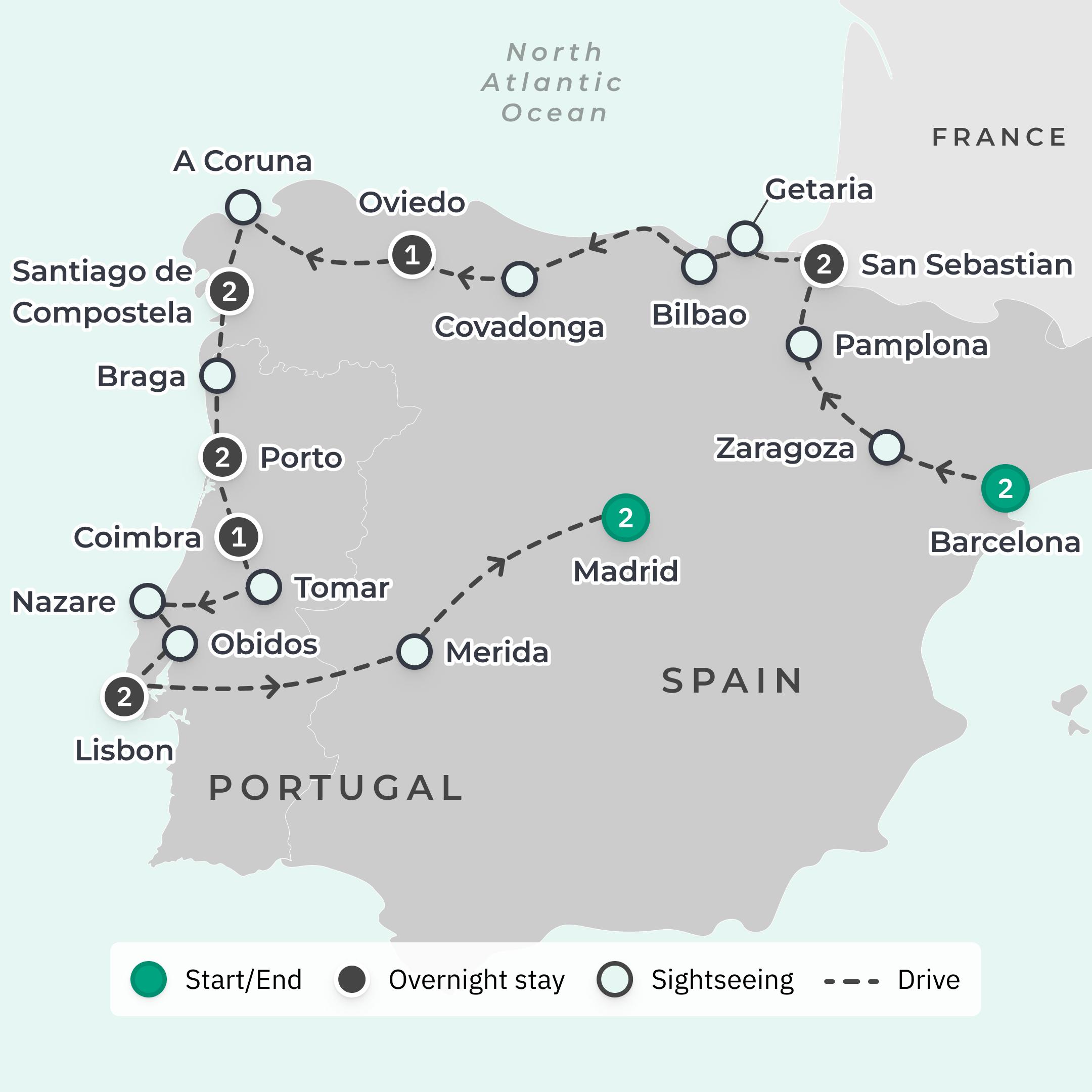 Northern Spain & Portugal Exploration with San Sebastian & Santiago de Compostela route map