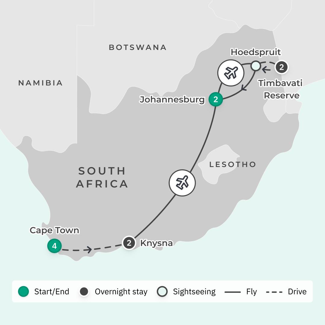 South Africa Highlights with Greater Kruger Big Five Safari & Cape Winelands Tasting route map