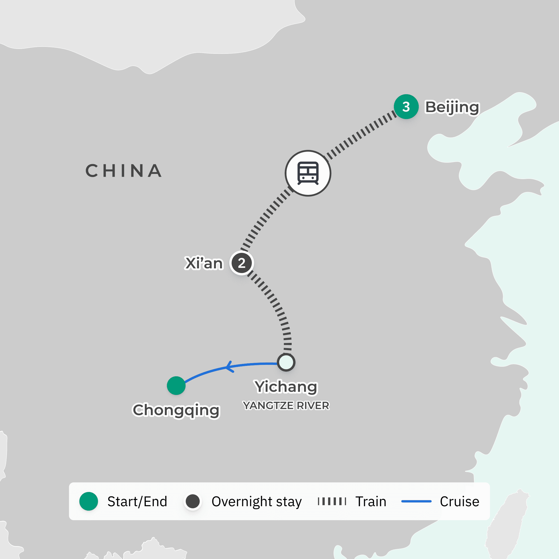 Essential China with Yangtze River Cruise & Great Wall of China  route map