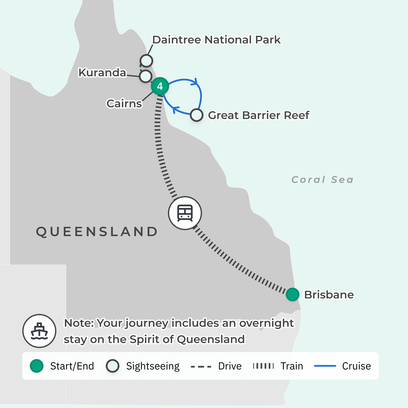 Best of Tropical North Queensland 2024 Tour with Spirit of Queensland Rail Journey, Great Barrier Reef, Daintree & Skyrail route map