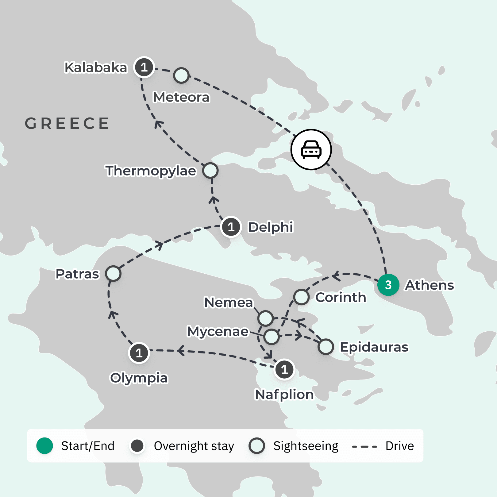 Ancient Greece: Small-Group Discovery Odyssey from Athens with Acropolis, Ancient Delphi & Meteora Clifftop Monasteries route map
