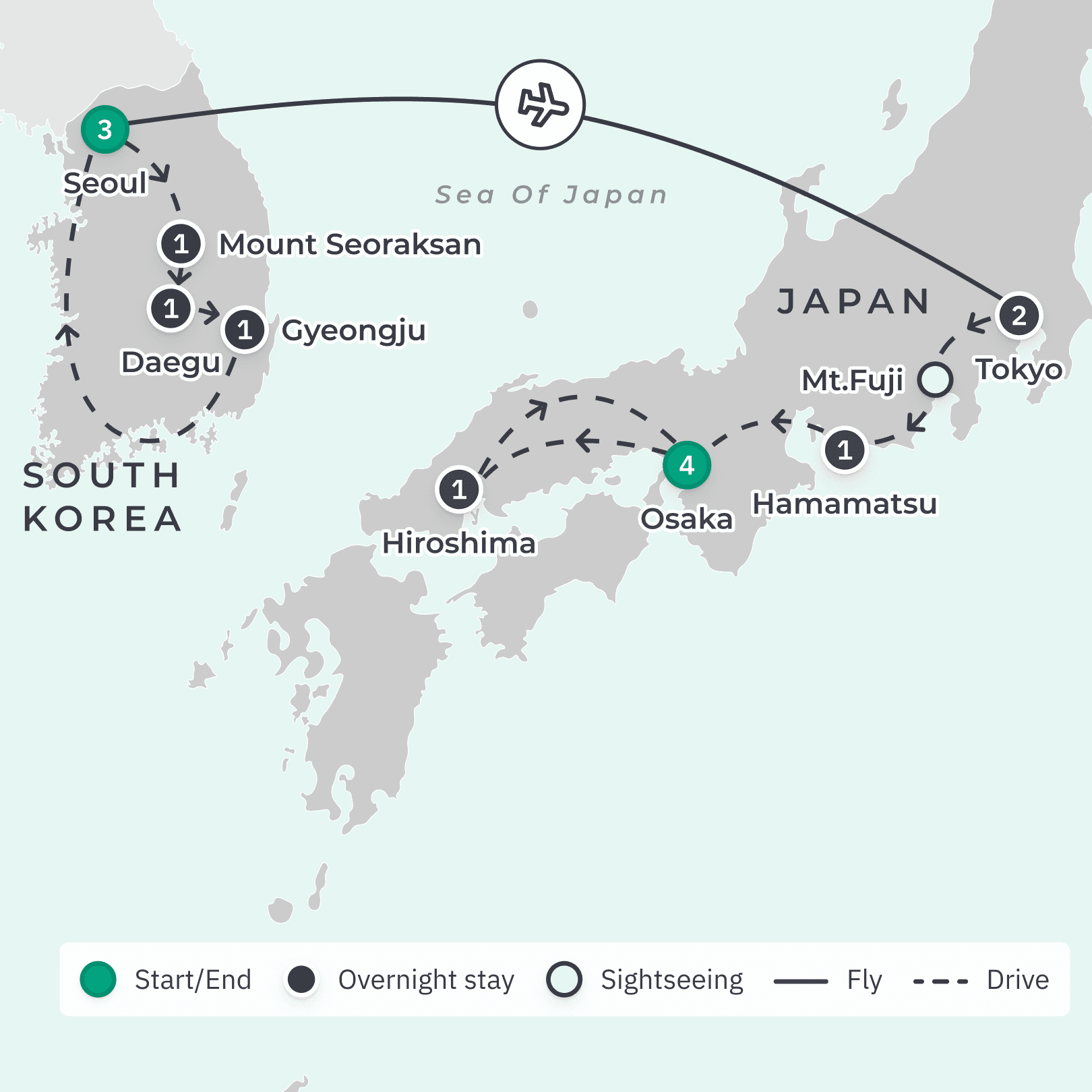 South Korea & Japan Tour with Kyoto Bullet Train, UNESCO Sites, Mount Fuji & Cherry Blossom Dates Available route map
