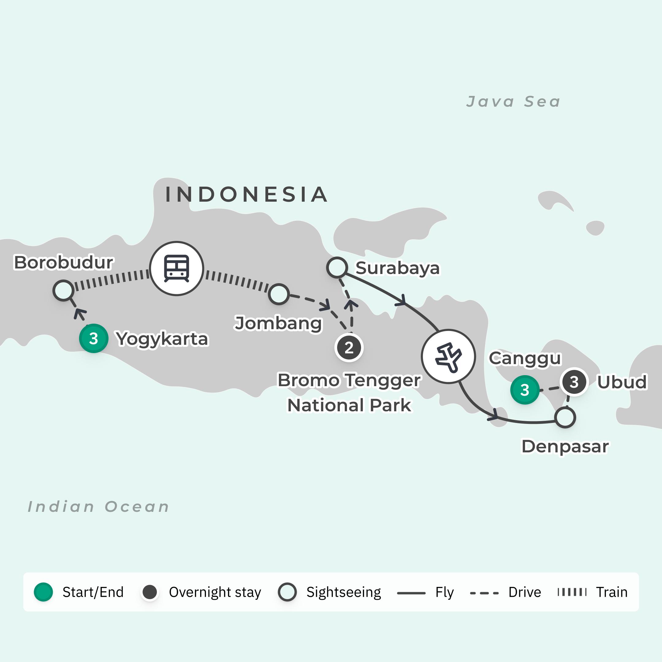 Indonesia Discovery with Balinese Cooking Class, Ubud Yoga & Mt. Bromo Sunrise Tour  route map
