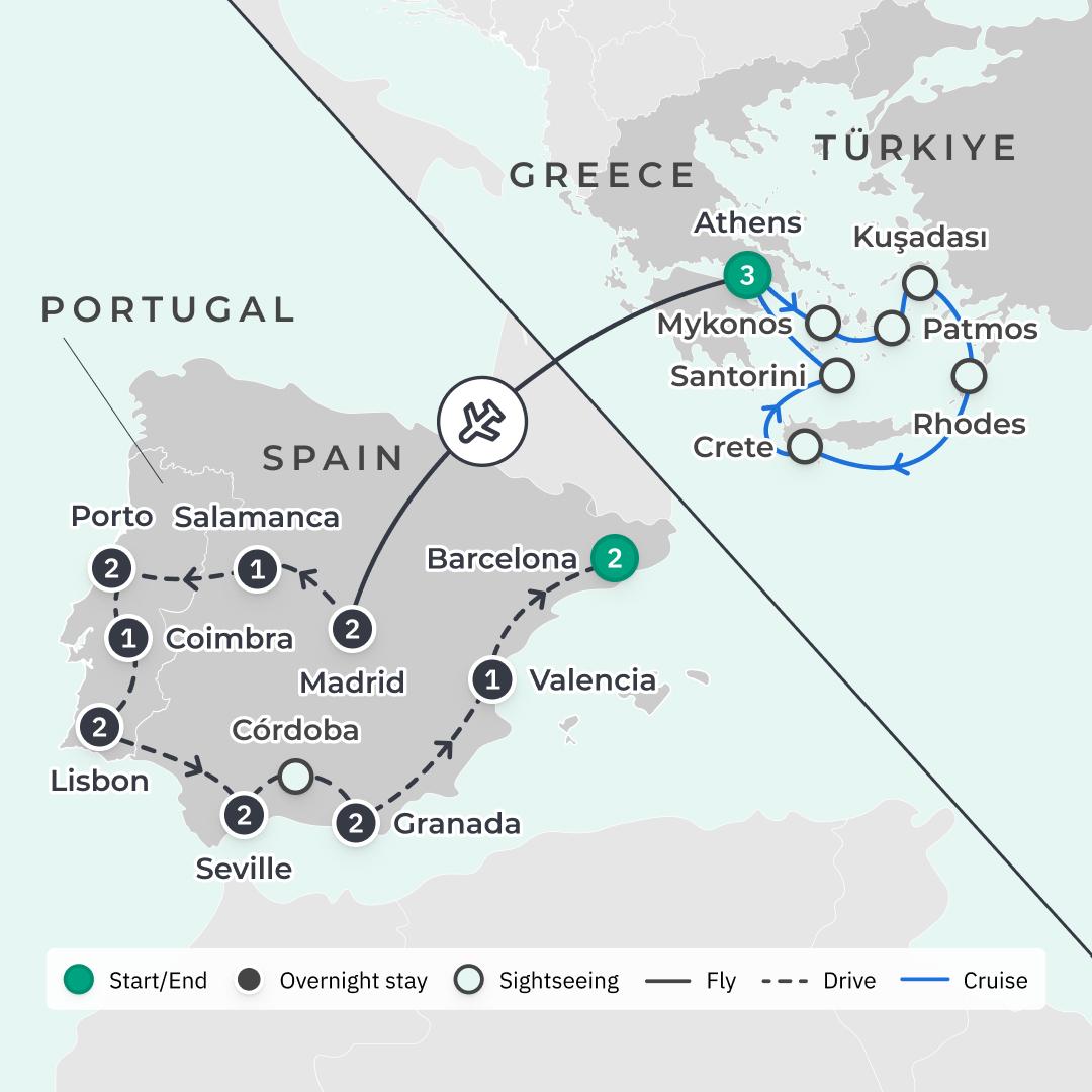 Greece, Portugal & Spain 2024 Small-Group Tour with Greek Island Hopping, Flamenco Show & Douro River Cruise route map