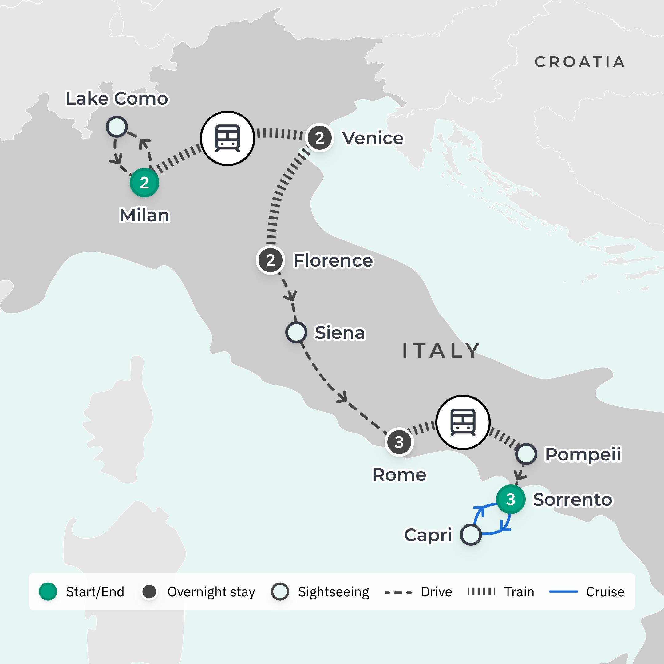 Italy Highlights by Rail with Lake Como Cruise & Capri Day Tour route map
