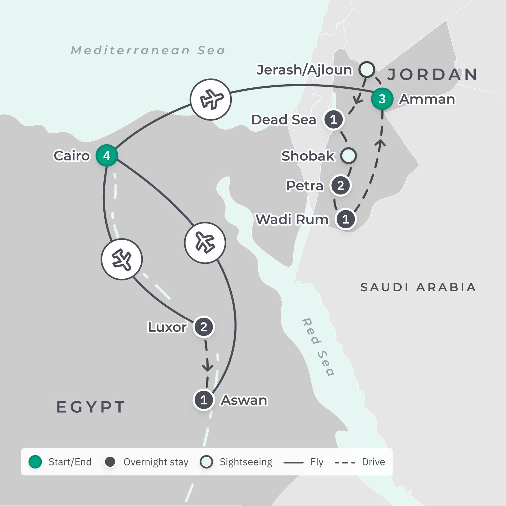 Egypt & Jordan Highlights Tour with Pyramids of Giza, Petra, Dead Sea, Wadi Rum, Internal Flights & Five-Star Stays route map