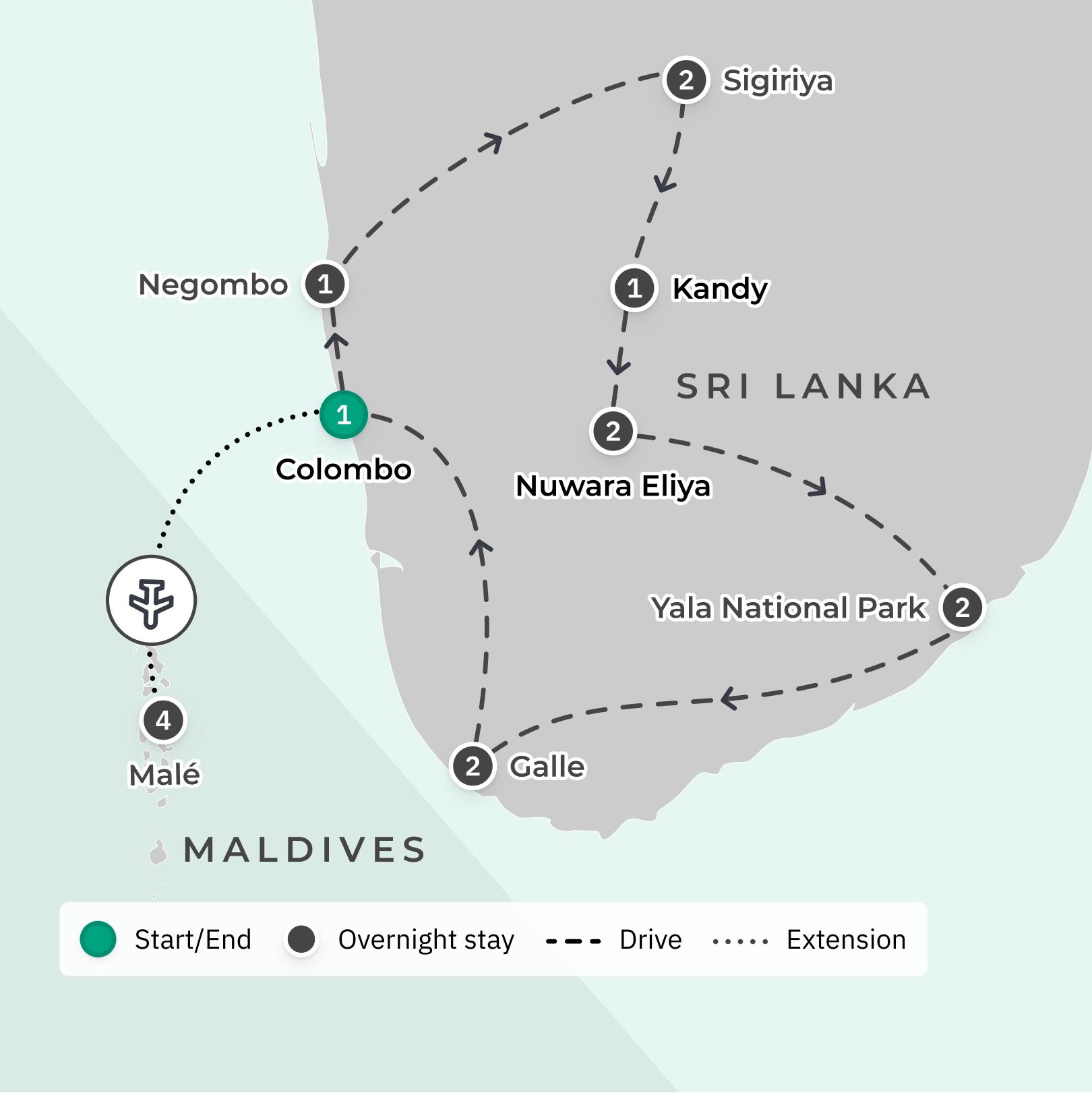 Maldives All-Inclusive Extension with Overwater Villa & Free-Flow Drinks + Sri Lanka Yala National Park Safari & Five-Star Stays route map