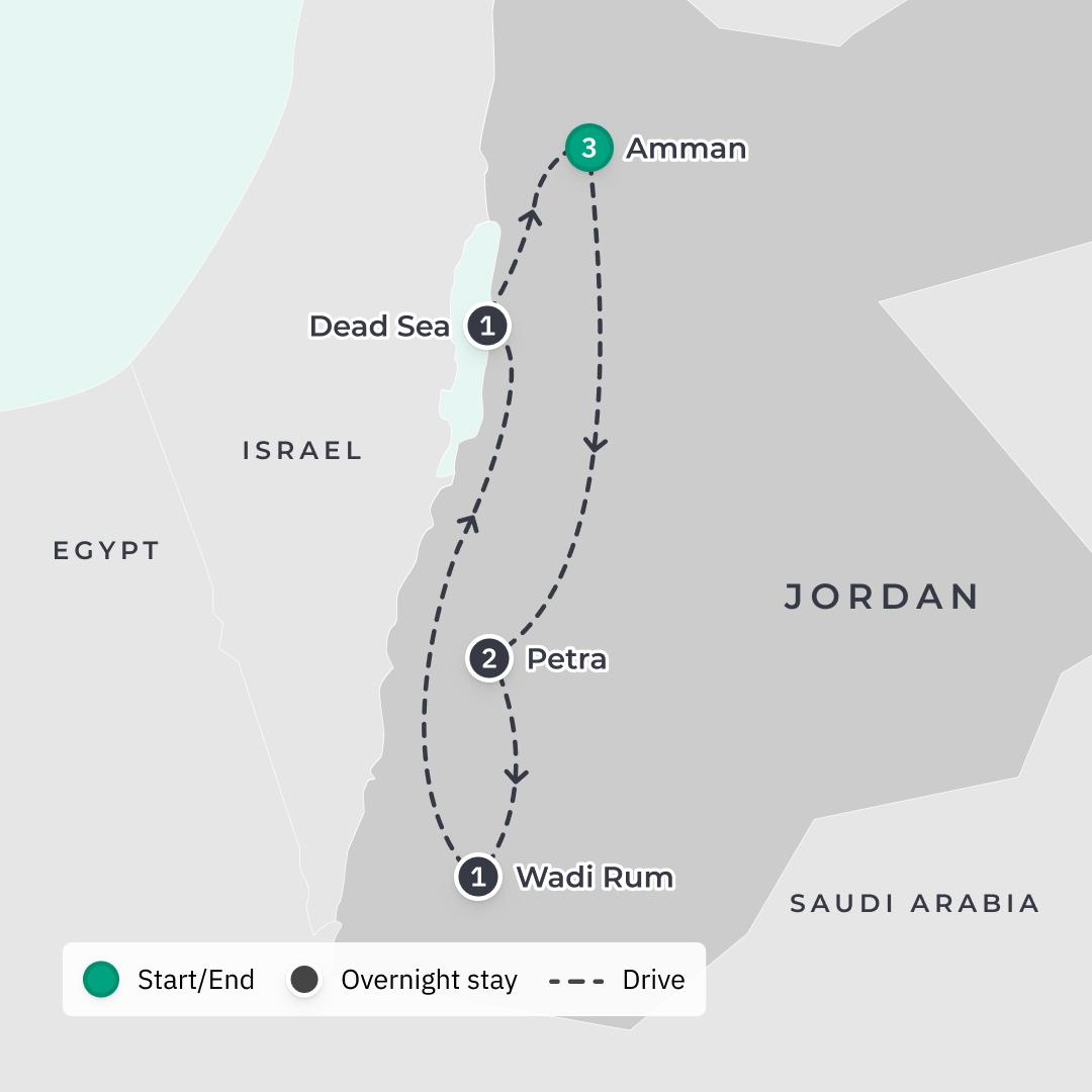 Best of Jordan 2024 Small-Group Tour with Wadi Rum Desert Camp, Petra Visit & Dead Sea Stay route map