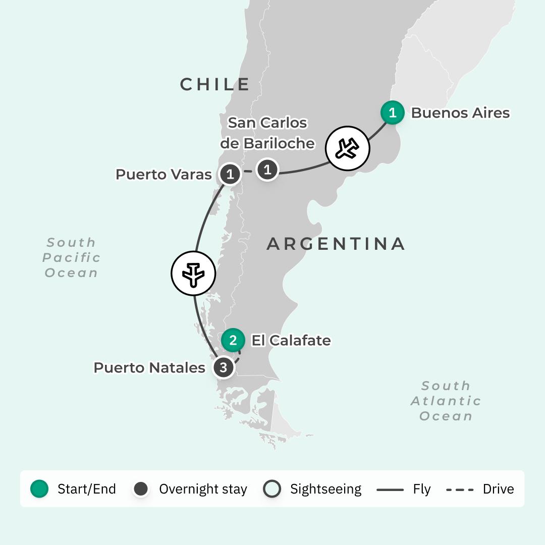 Argentina & Chile Patagonia Tour with Andean Lakes Crossing & Torres del Paine National Park route map