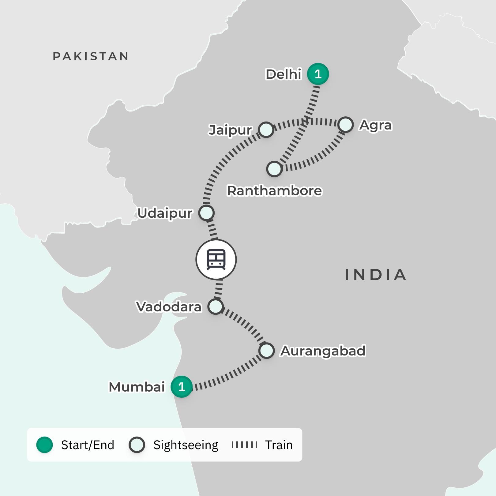 Delhi to Mumbai: Iconic Deccan Odyssey Railway Tour with Ranthambore Safari route map