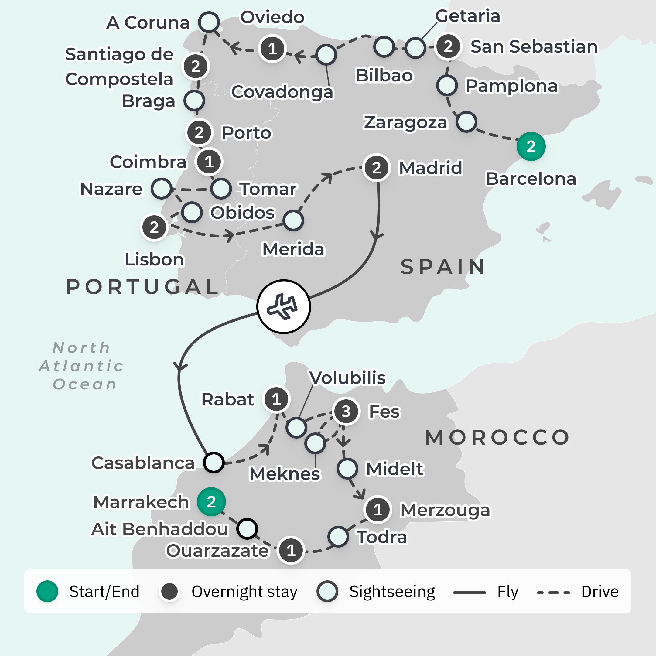 Deluxe 23-Day Northern Spain, Portugal & Morocco Discovery with San Sebastian, Lisbon & Fes route map