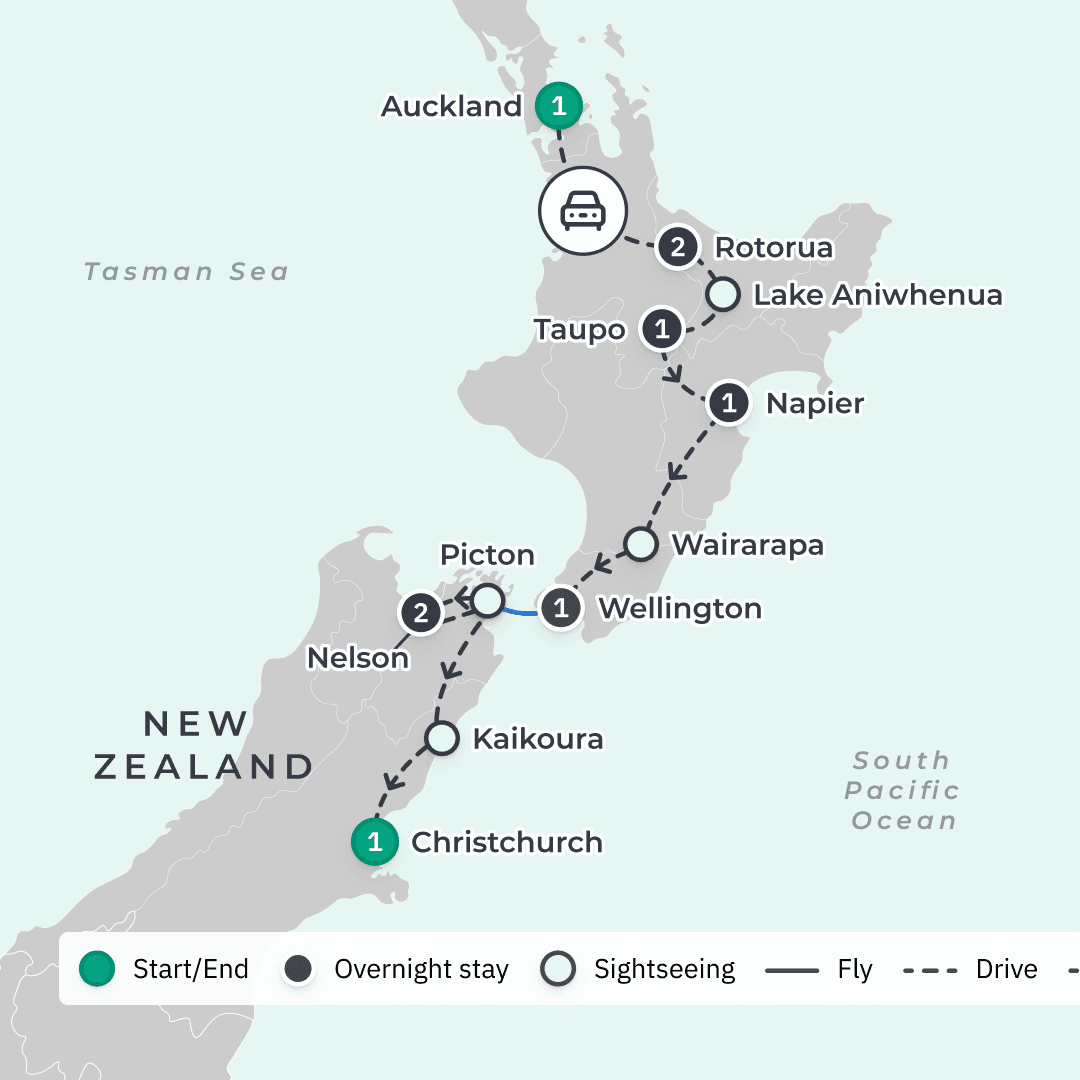 New Zealand North to South Highlights with Waitomo Glowworm Caves & Marlborough Wine Tasting route map