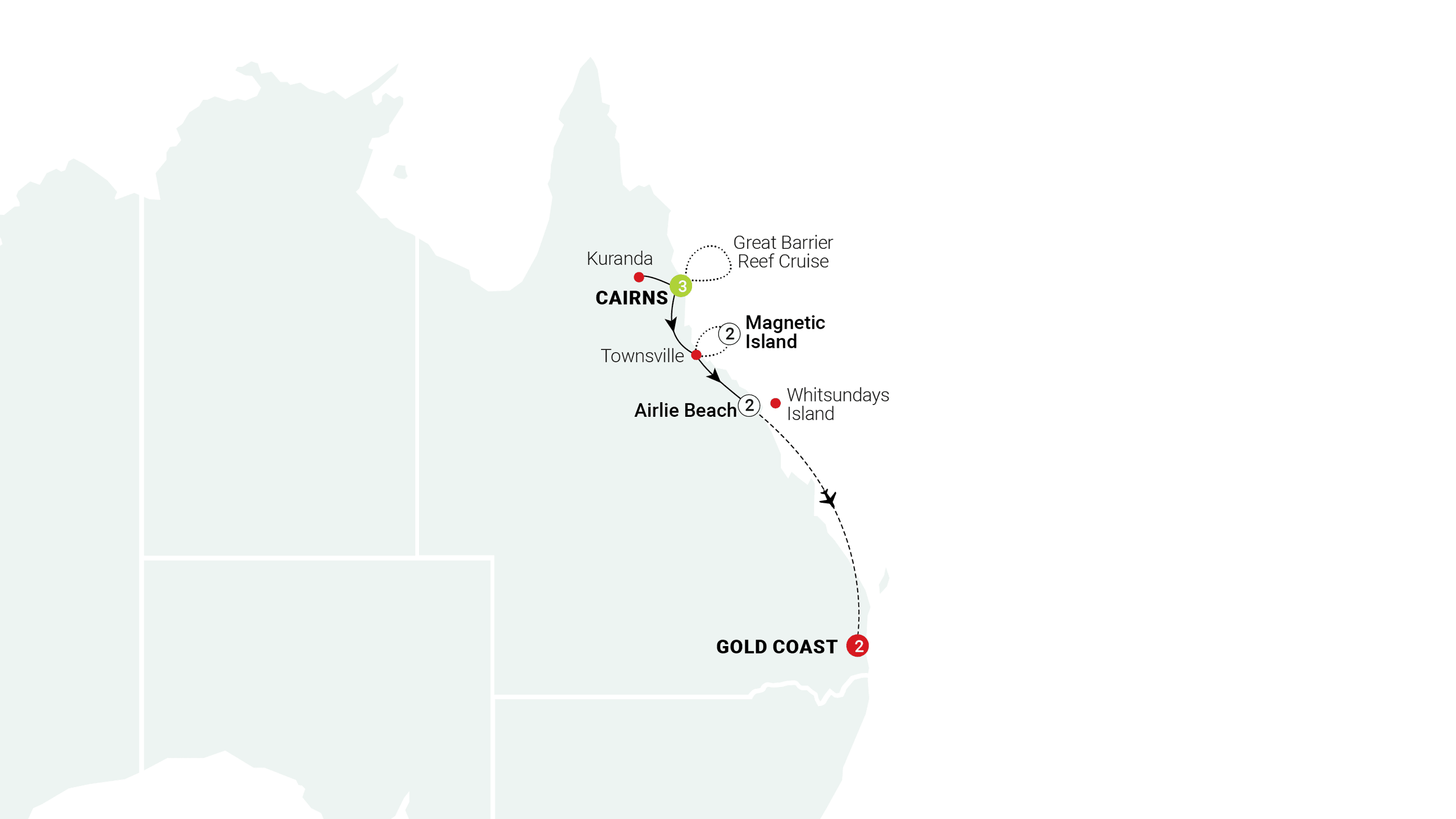 Tropical Queensland: Cairns to the Gold Coast route map