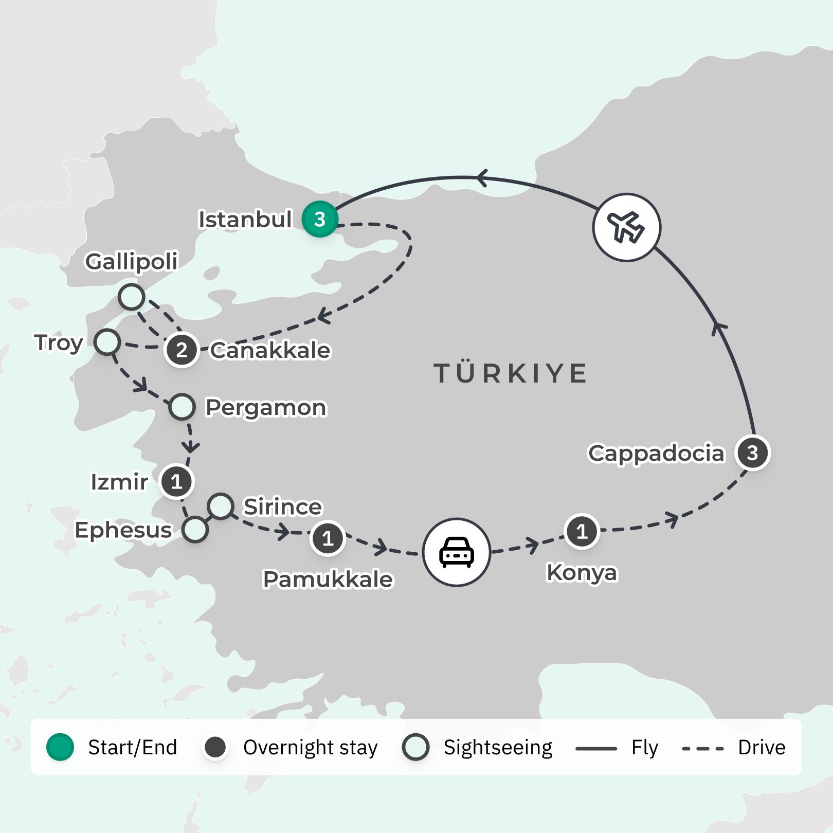 ANZAC Day Dawn Service with Turkiye Highlights Tour route map