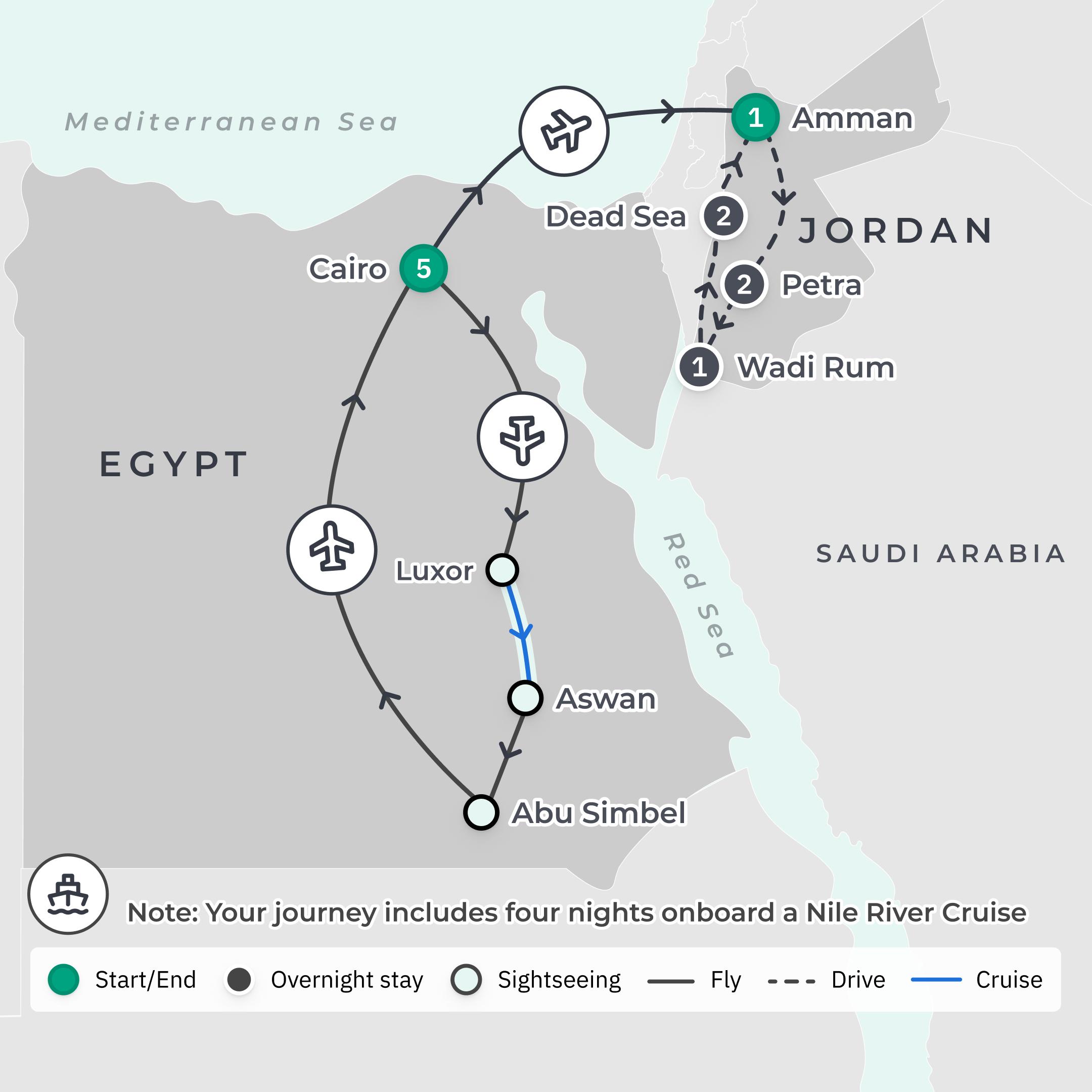 Egypt & Jordan Luxury Discovery with Four Seasons Stay, Abu Simbel & Wadi Rum Glamping route map