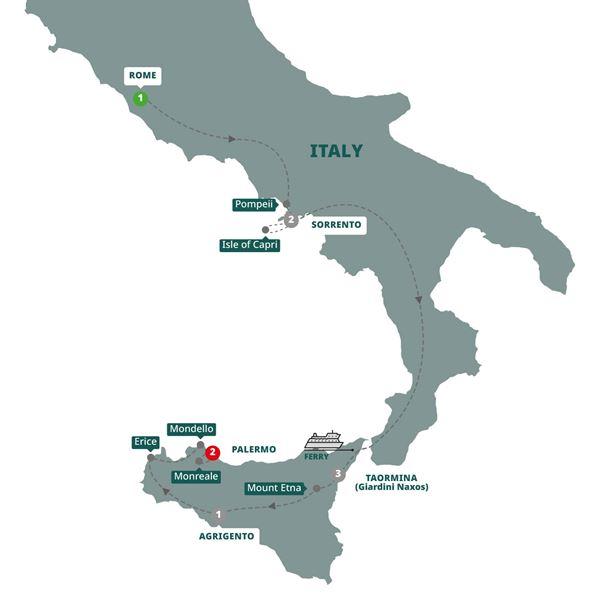 Southern Italy and Sicily route map