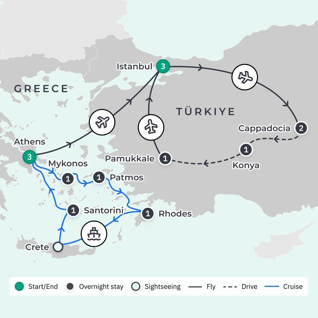 Greece & Turkiye Odyssey with 4-Night All-Inclusive Aegean Islands Cruise & Bosphorus Sailing route map