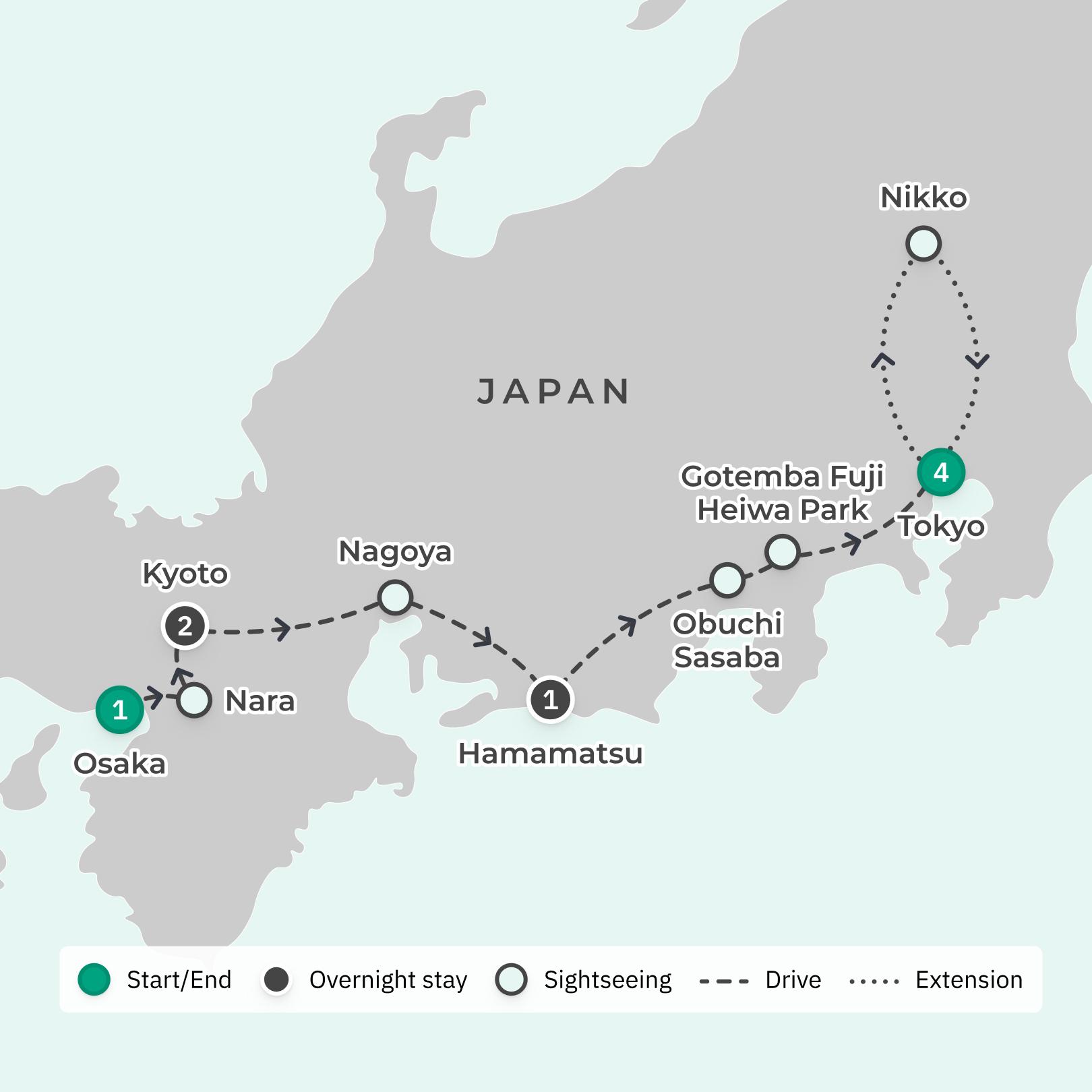 Nikko Extension + Japan Highlights with Bullet Train Journey & Guided City Tour route map