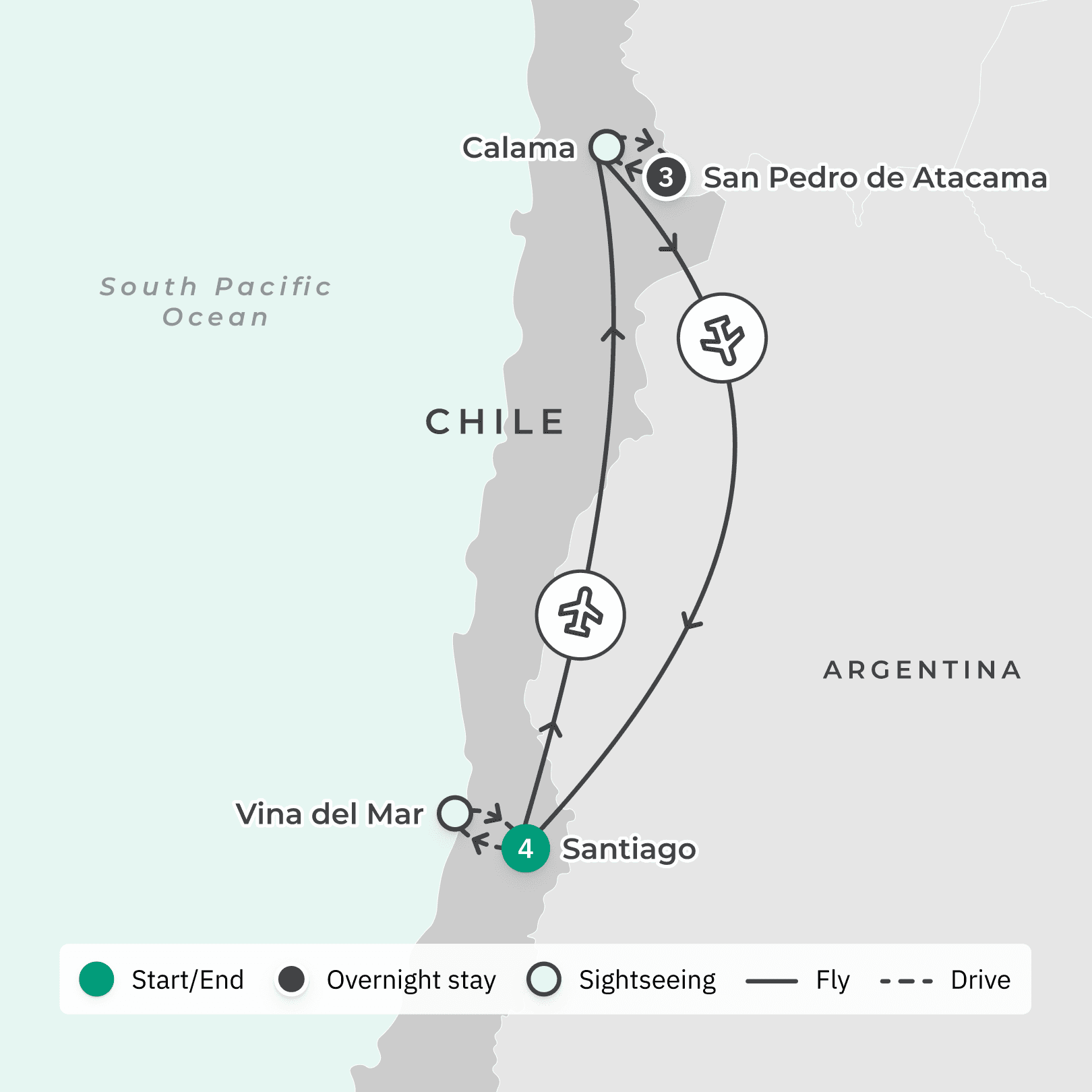Chile 2024 Small-Group Tour with All-Inclusive Atacama Desert Stay, Valparaiso, Casablanca Wine Tasting & Internal Flights route map