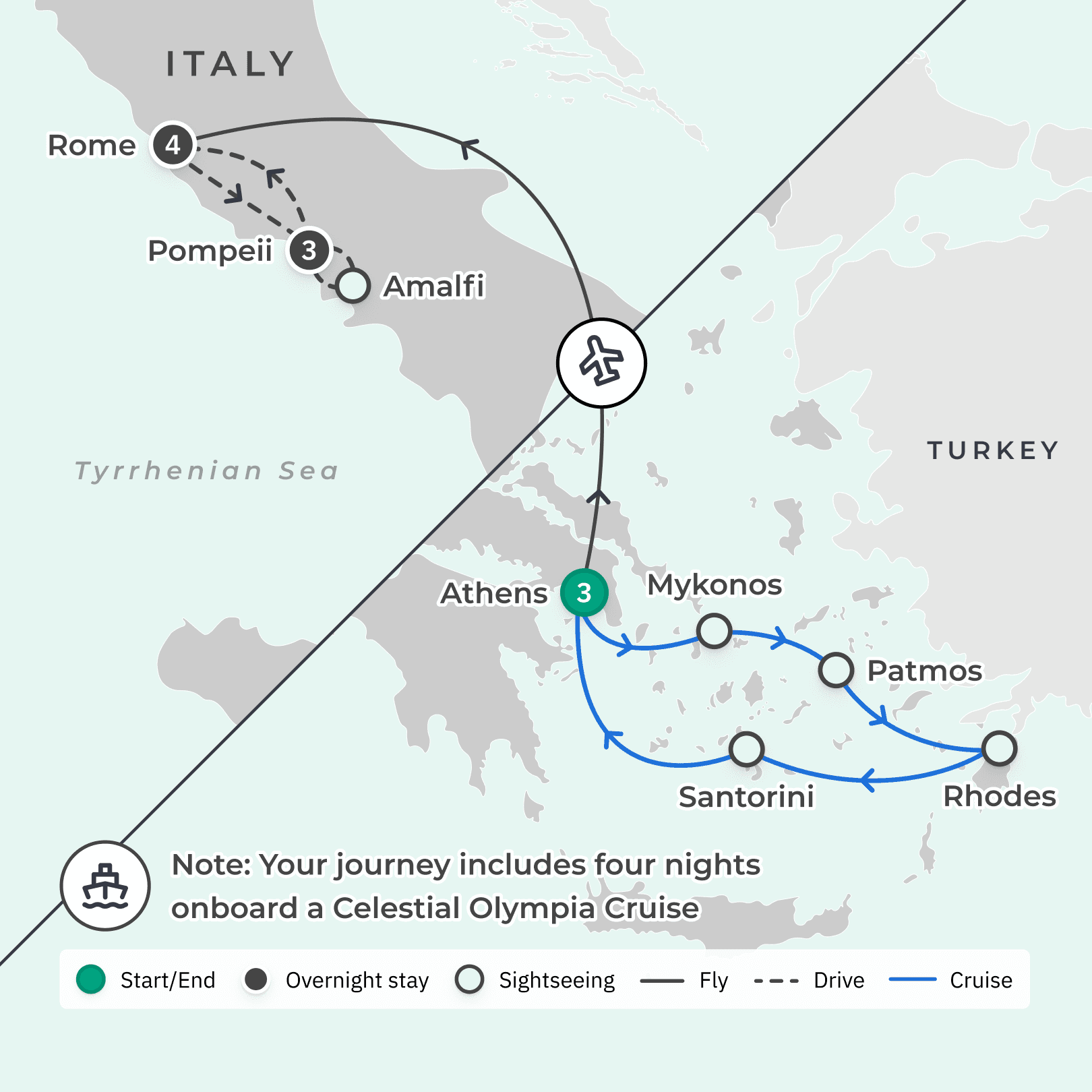 Greece & Southern Italy 2024 Small-Group Tour with Greek Islands Cruise, Amalfi Coast Sailing & Rome Pizza-Making Class route map