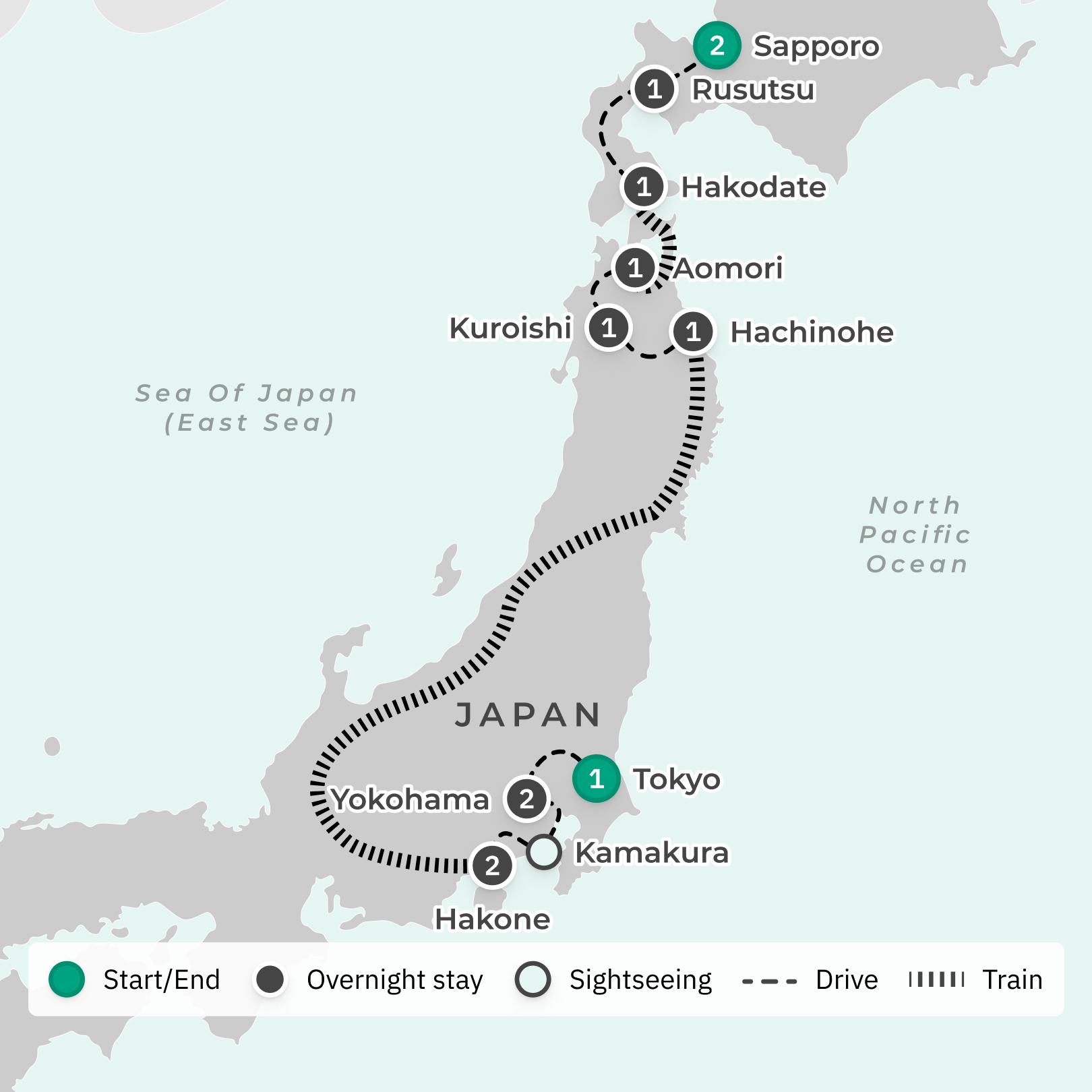 Northern Japan Small-Group Tour with Sapporo, Lake Toya Cruise, Sake Tasting & Shinkansen Bullet Train route map