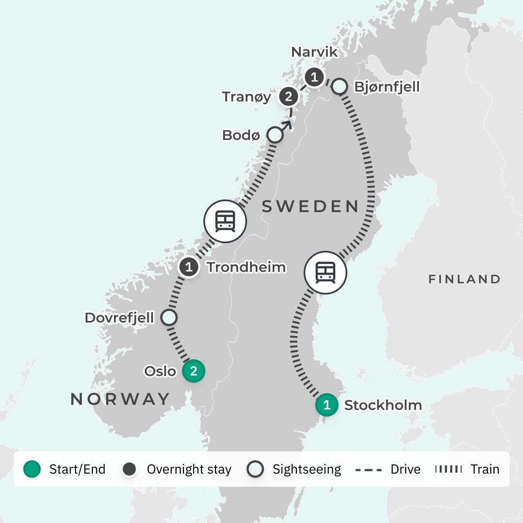 Norway & Sweden Small-Group Summer Tour with Iconic Overnight Train Journeys, Glass Cabin Stay & Arctic Fjords route map