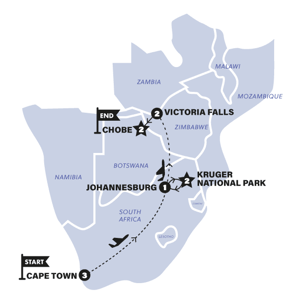 Cape, Safari & Falls Reunion route map