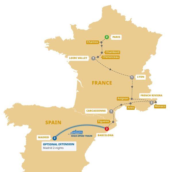 Highlights of France and Barcelona route map