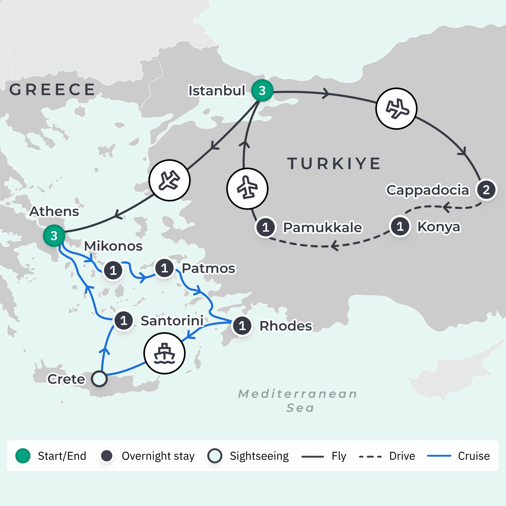 Turkiye & Greece 2024 Small-Group Tour with Cappadocia Visit, Bosphorus Sailing & All-Inclusive Aegean Cruise route map