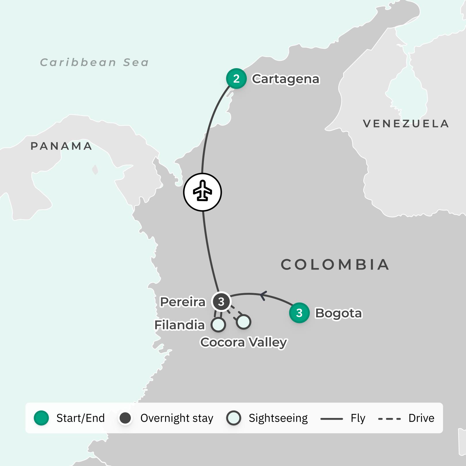 Colombia Highlights Tour with Coffee Plantation Tasting, Cartagena Street Food Tour & Internal Flights route map