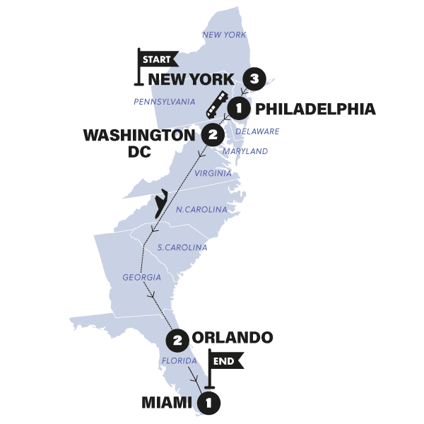 USA: New York to Miami route map