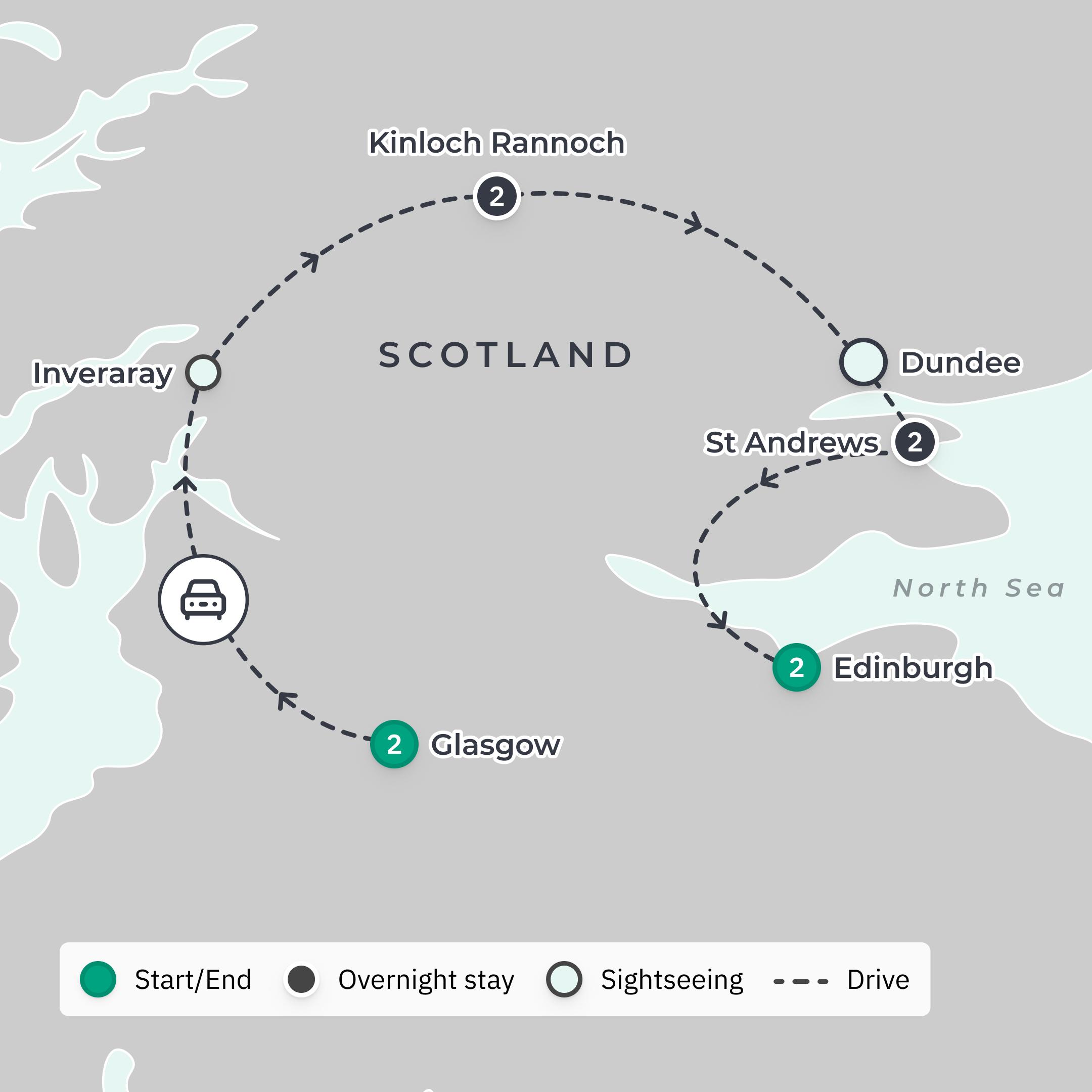 Scotland Ultra-Lux Tour with 4WD Highlands Safari, Inveraray Castle & Royal Yacht Visit route map