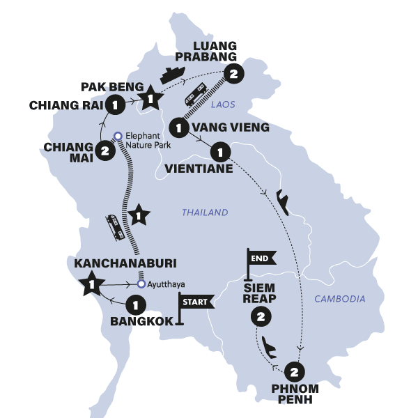 Thailand, Laos and Cambodia Adventure route map