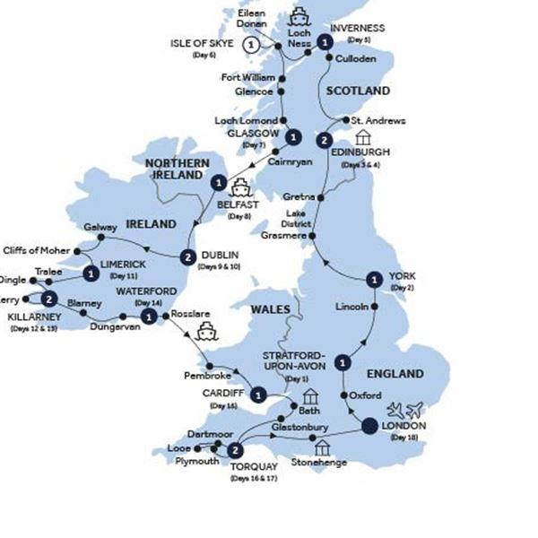 Romantic Britain & Ireland - Classic Group route map