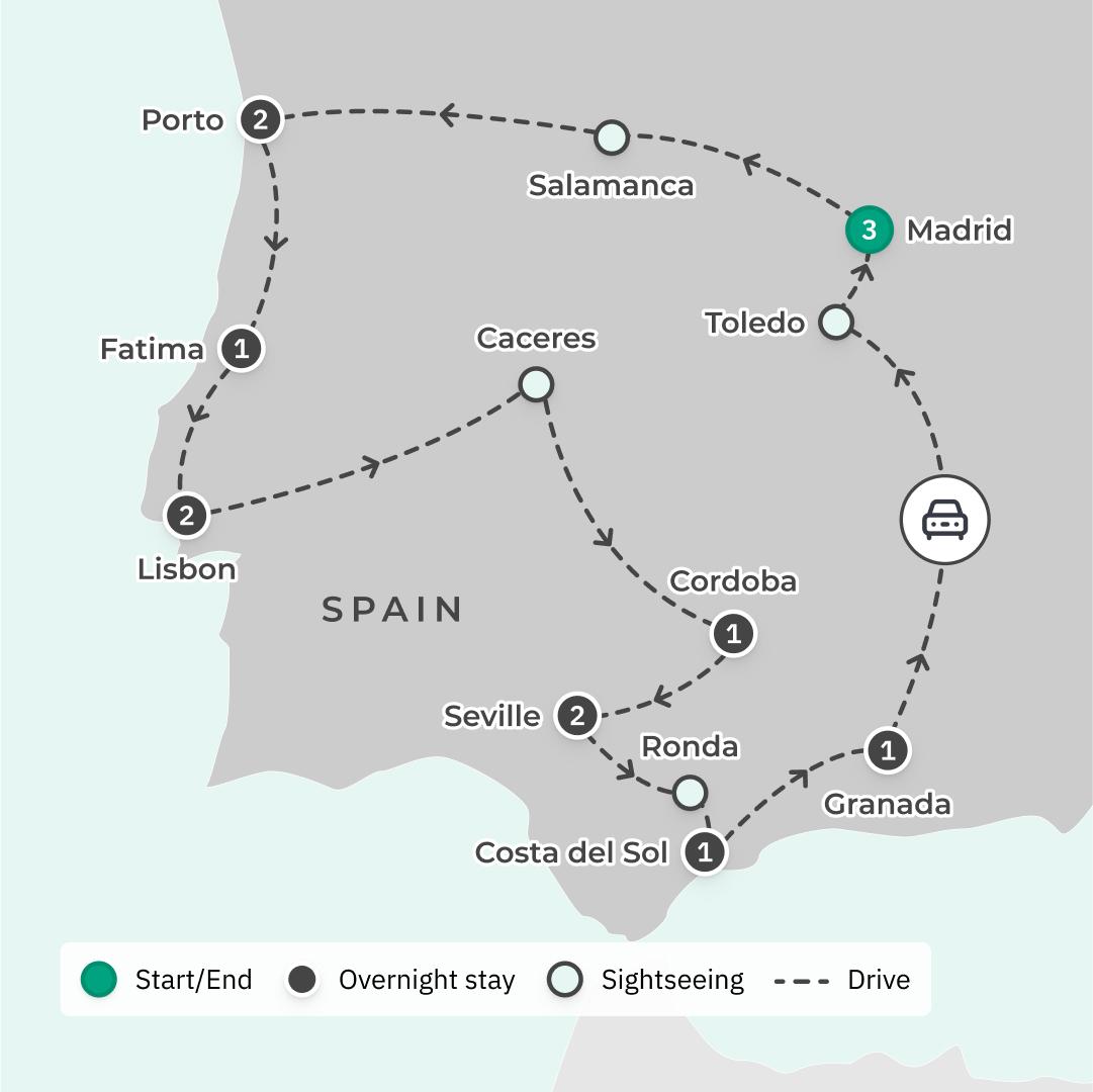 Spain & Portugal: 14-Day Highlights Tour with Douro River Cruise, Flamenco Show & Premium Upgraded Stays route map