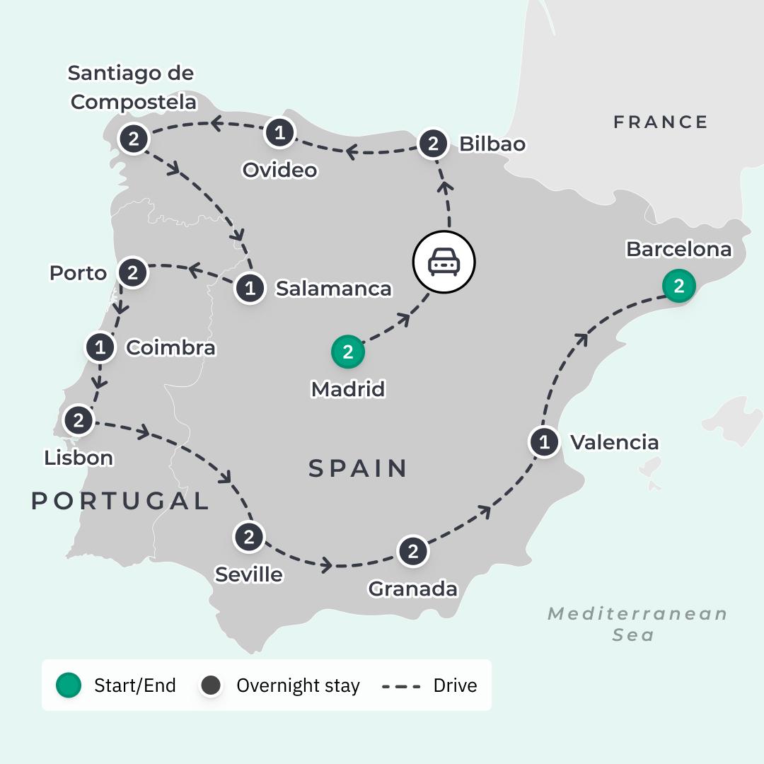 Spain & Portugal 2024 Small-Group Grand Tour with Alhambra Palace, Douro River Cruise & Wine Tastings route map