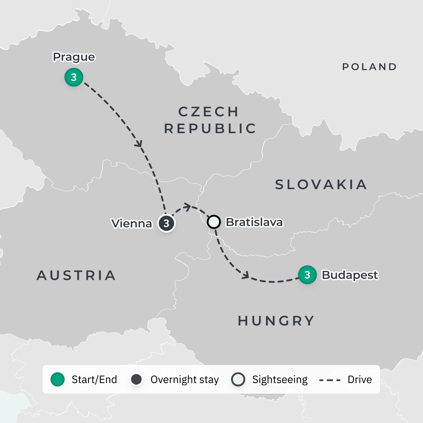 Prague, Vienna & Budapest 2024 Tour with Prague Castle, Schonbrunn Palace & Danube River Cruise route map