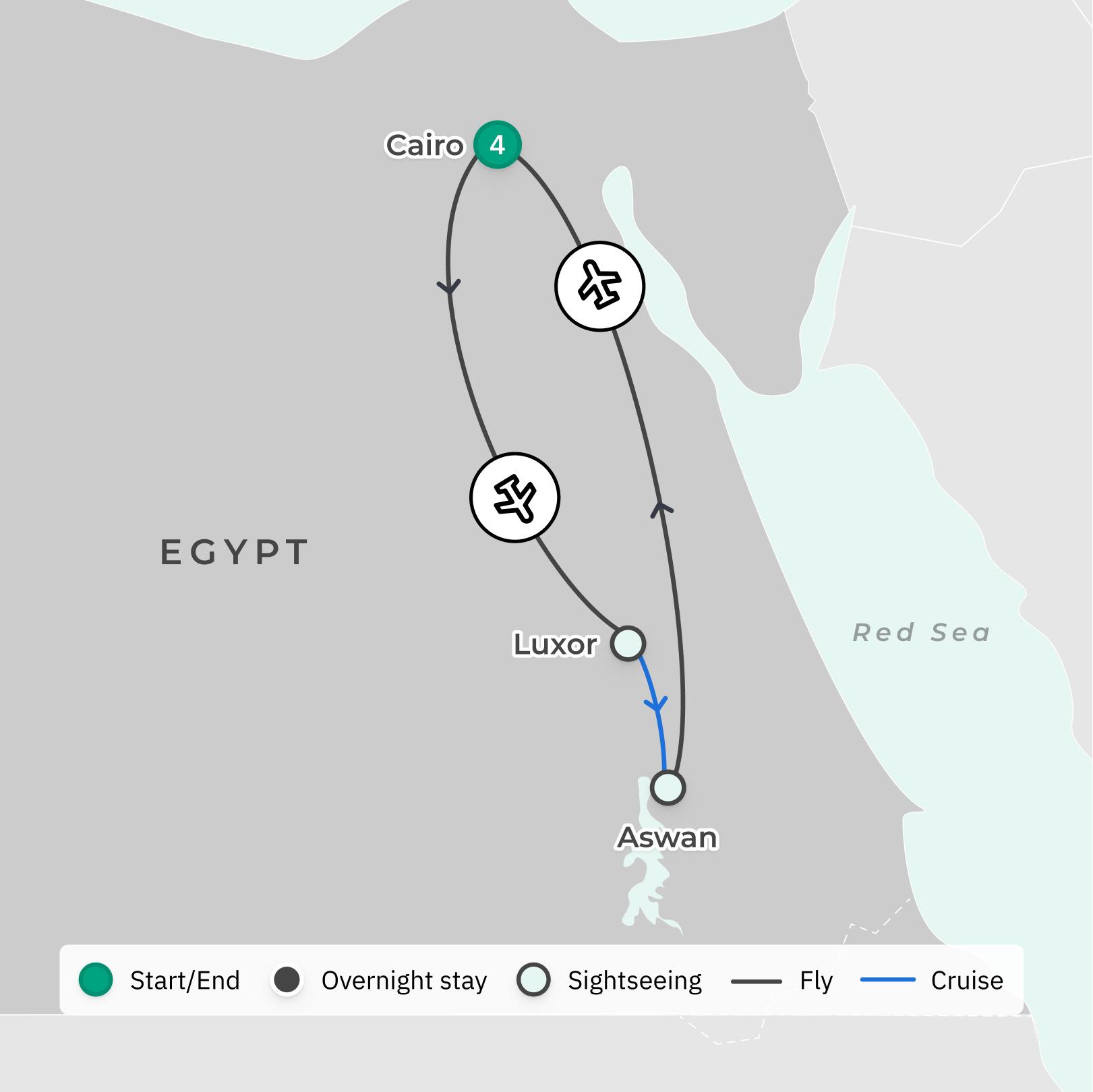 Egypt Highlights Tour with Nile Cruise, Luxor Temple Visit, Great Pyramids of Giza & Internal Flights route map