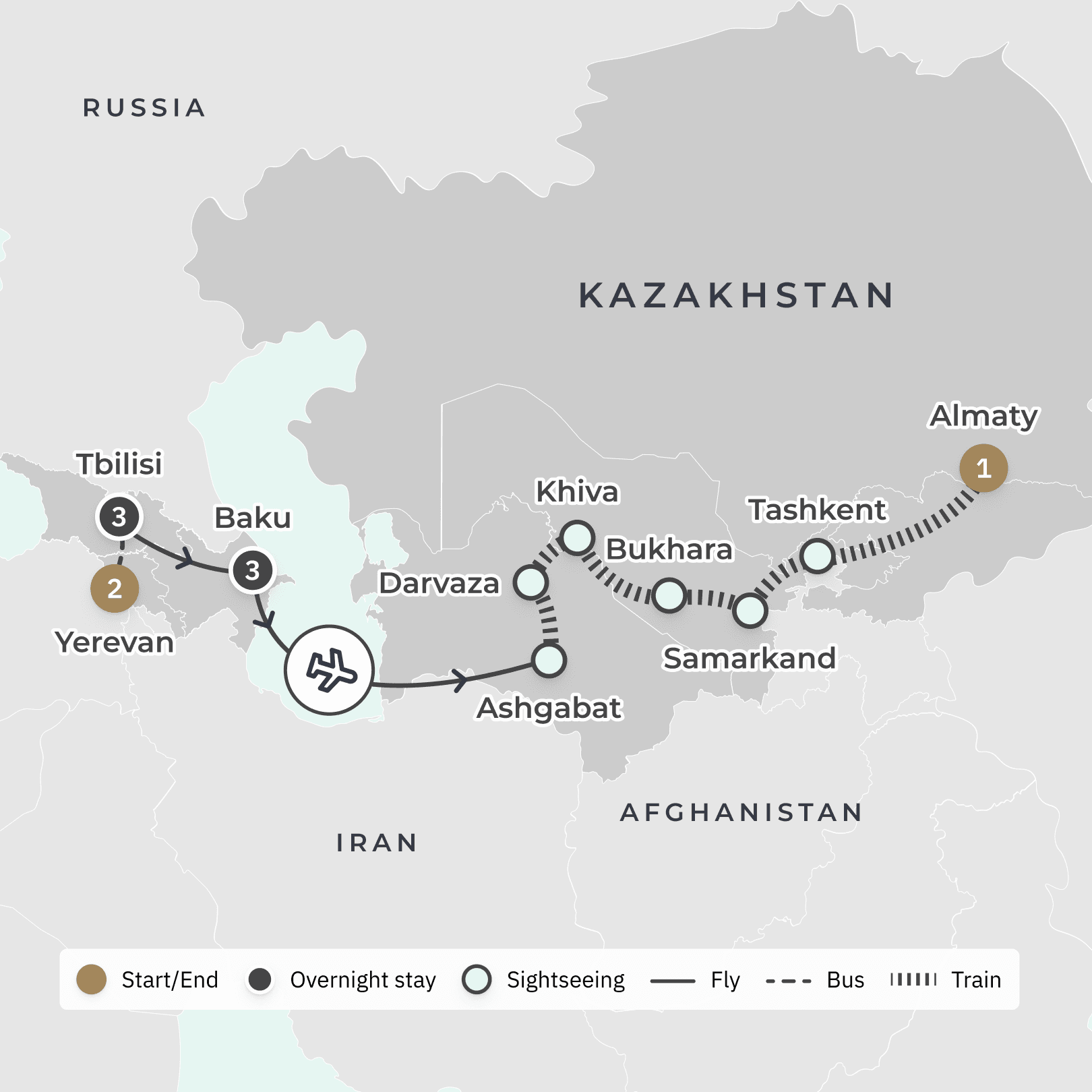 Western & Central Asia: Caspian Odyssey 2025 with All-Inclusive Ultra Lux Golden Eagle Rail Journey, Charter Flights & Samarkand route map