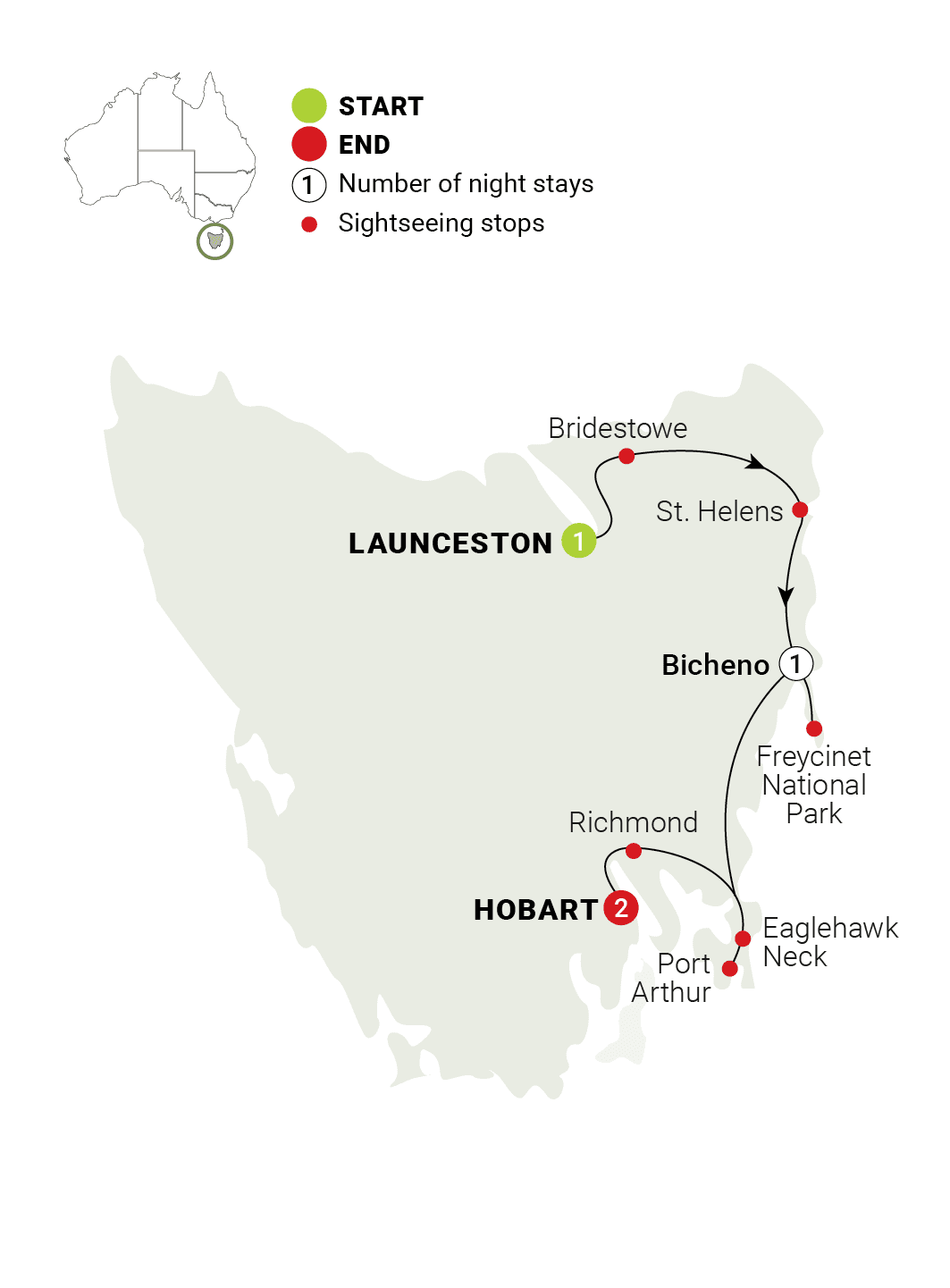 Tassie's East Coast Highlights route map