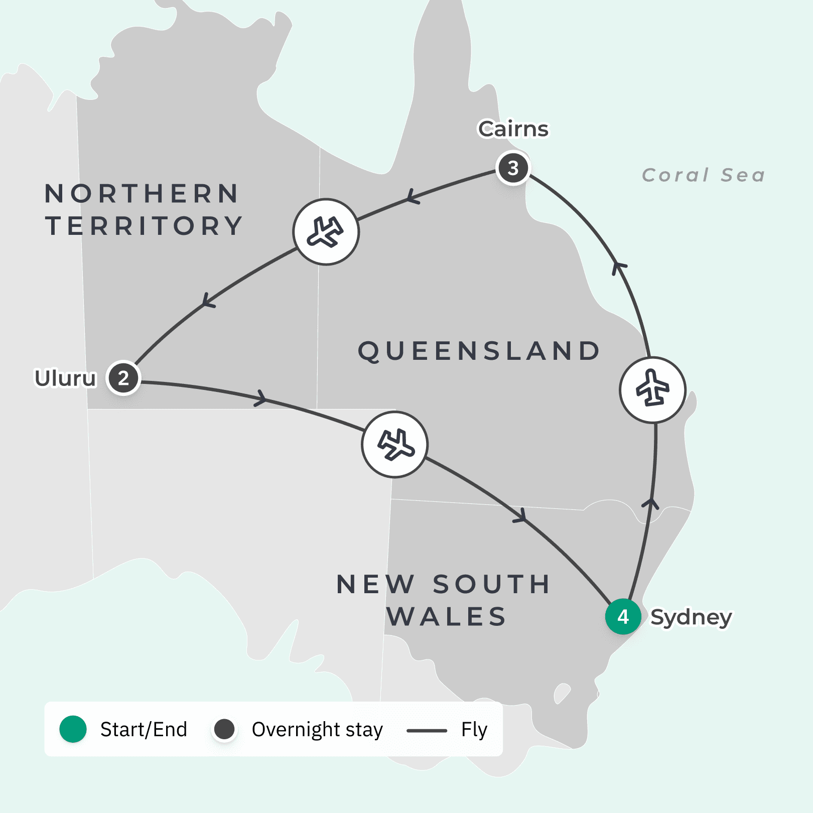 Australia Highlights Small-Group Tour with Uluru Stay, Sydney, Great Barrier Reef & Internal Flights route map