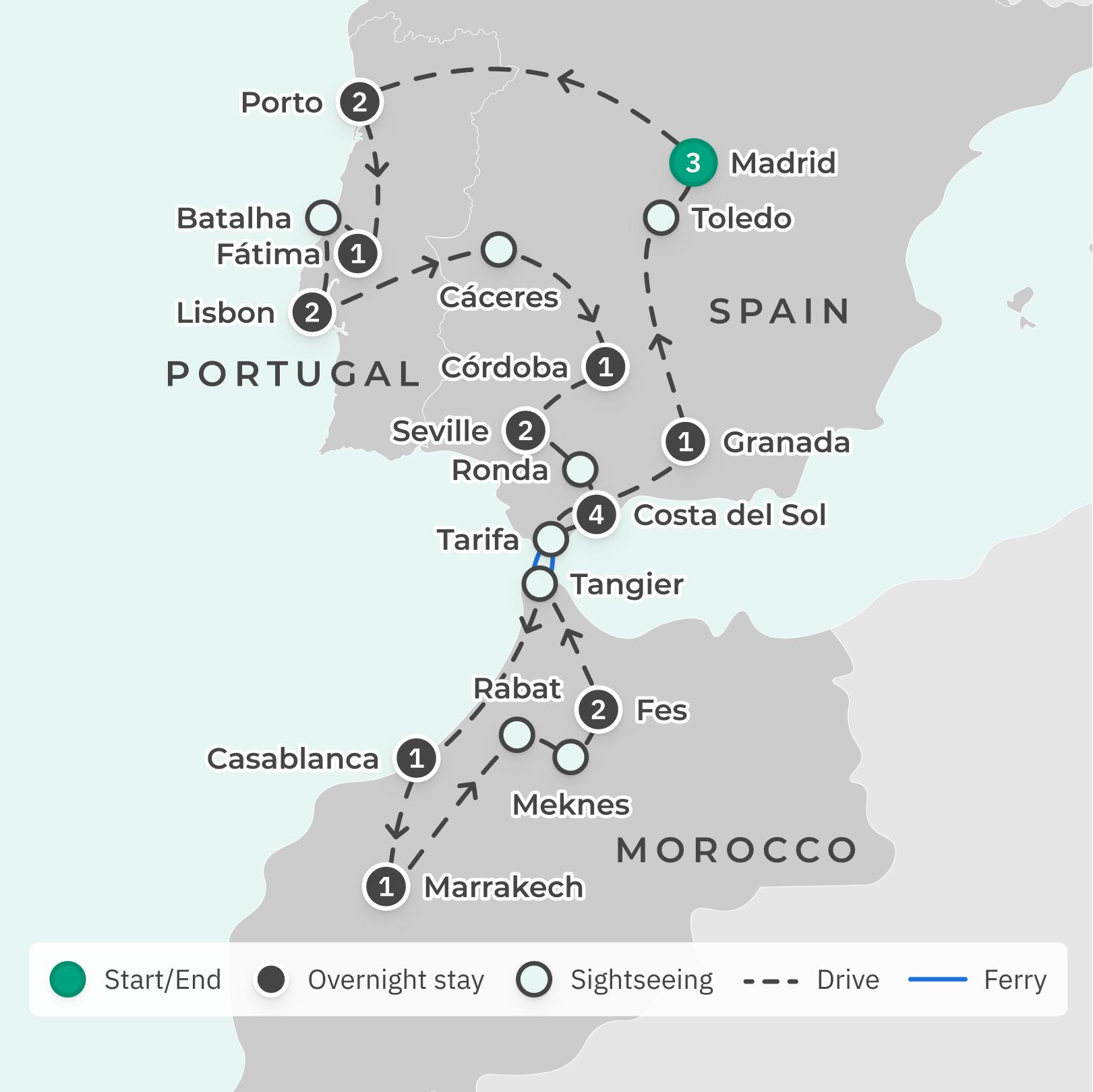 Spain, Portugal & Morocco Tour with Douro River Cruise, Flamenco Show & Guided City Tours route map