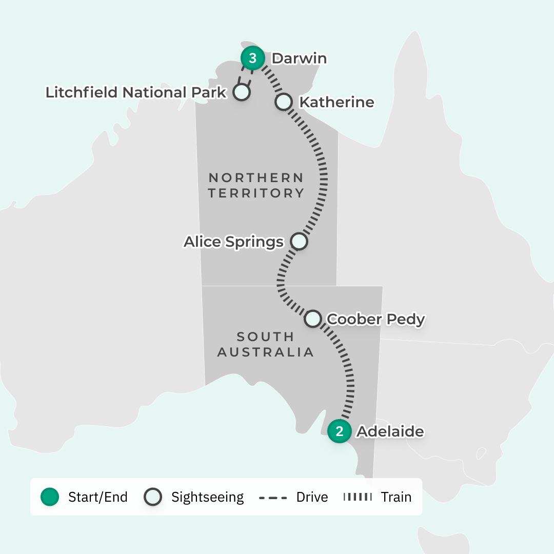 Gold Upgraded: The Ghan Luxury Escapes Charter with Upgraded Stays, Darwin Harbour Cruise & Penfolds Dining Experience route map