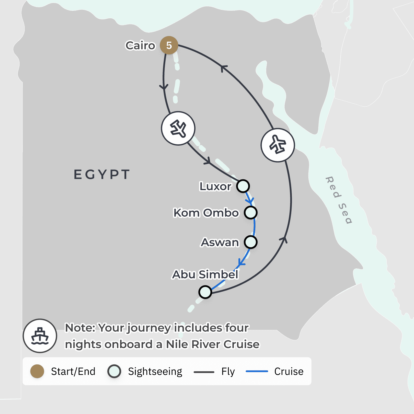 Egypt & The Nile Ultra-Lux Tour with Pyramids, Abu Simbel, Valley of the Kings & Four-Day River Cruise route map