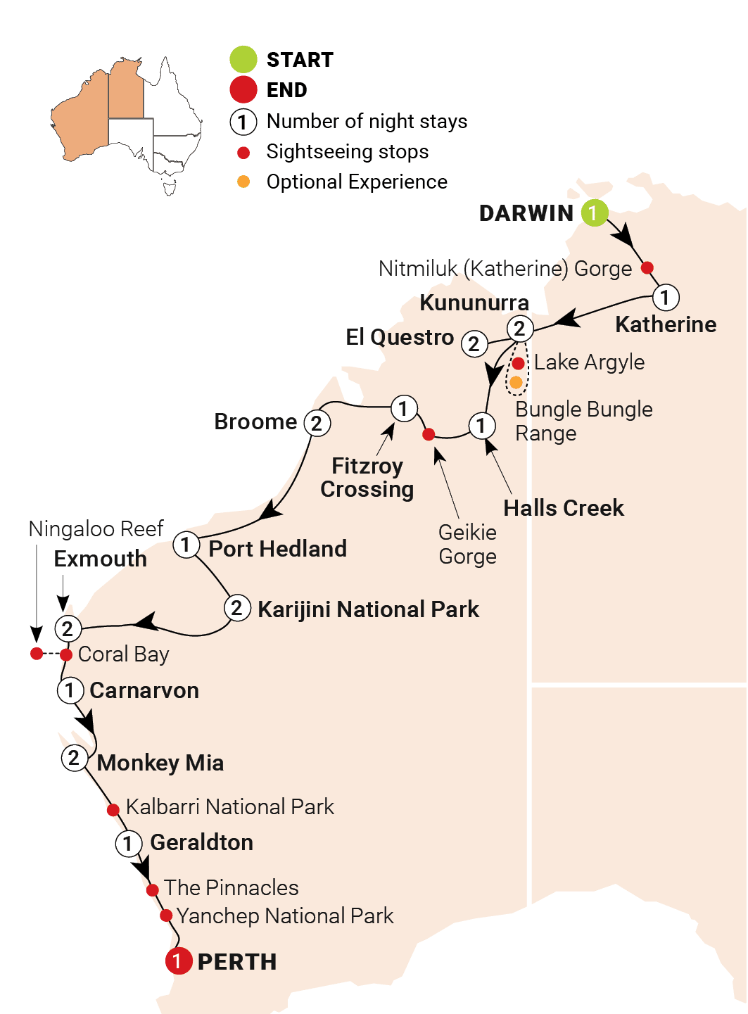 Untamed Kimberley & West Coast route map