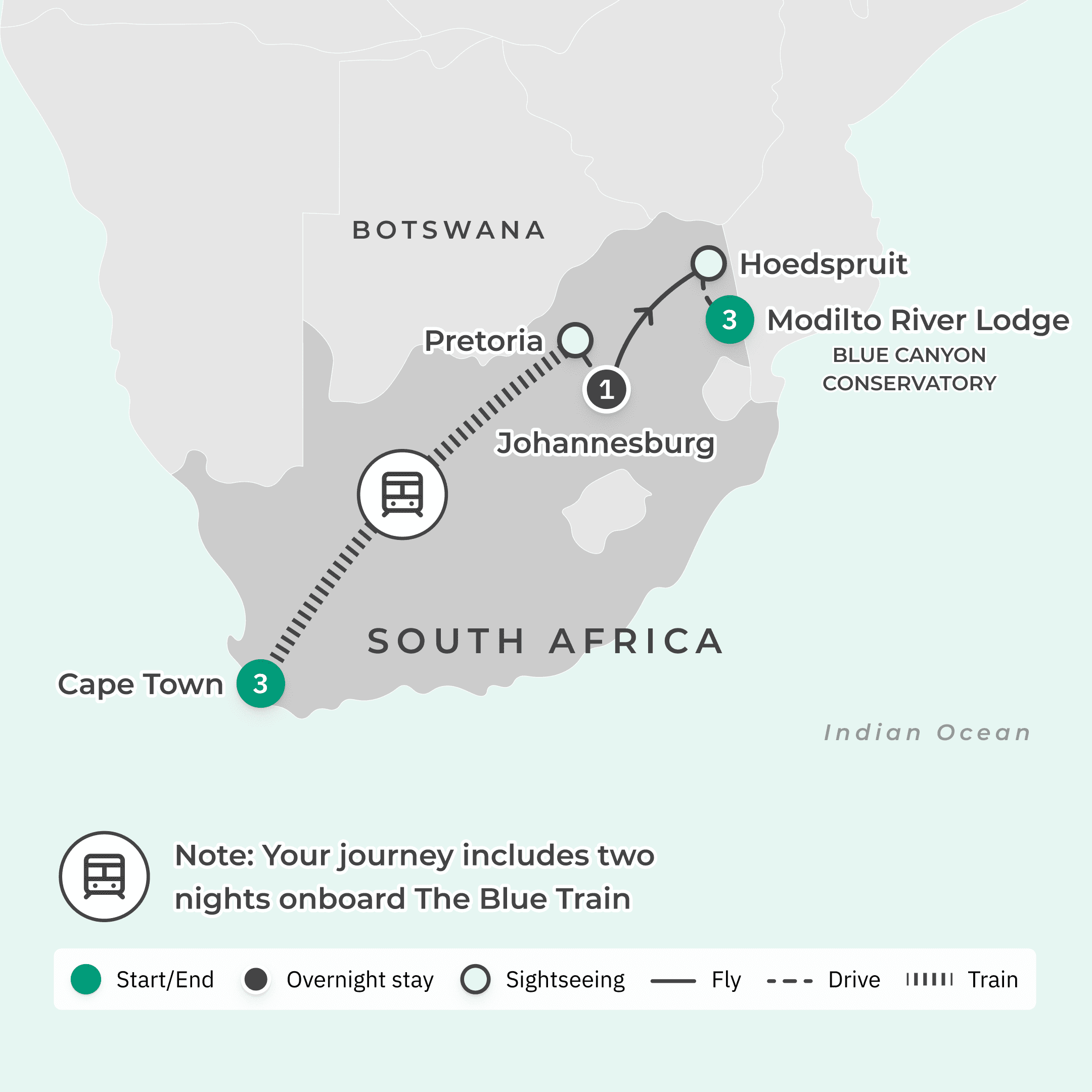 South Africa Iconic Blue Train Journey with All-Inclusive Five-Star Safari Lodge  route map