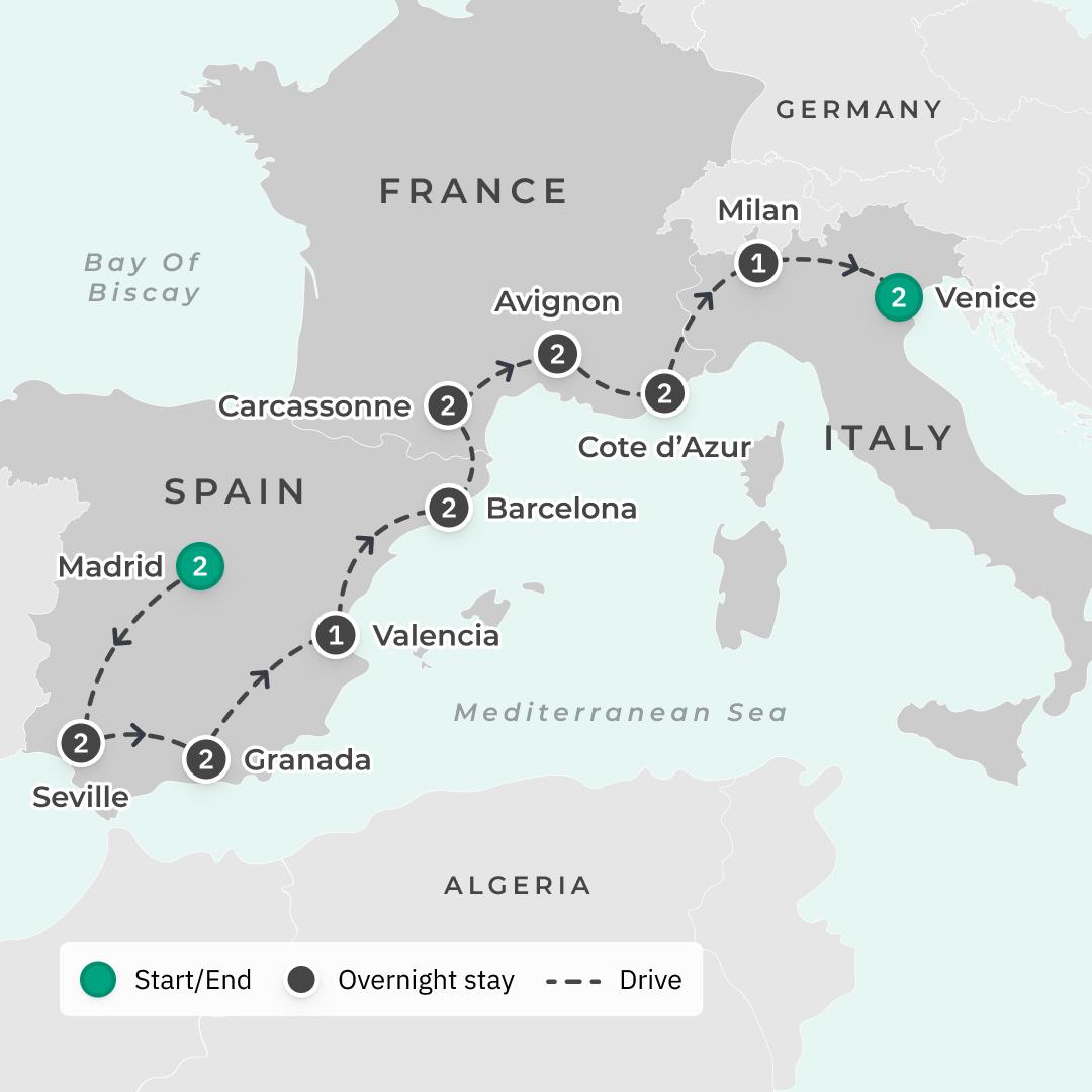 European Landscapes: Spain, Italy & France 2024 Small-Group Tour with French Riviera Stay, Alhambra Visit & Italian Lakes Cruise route map