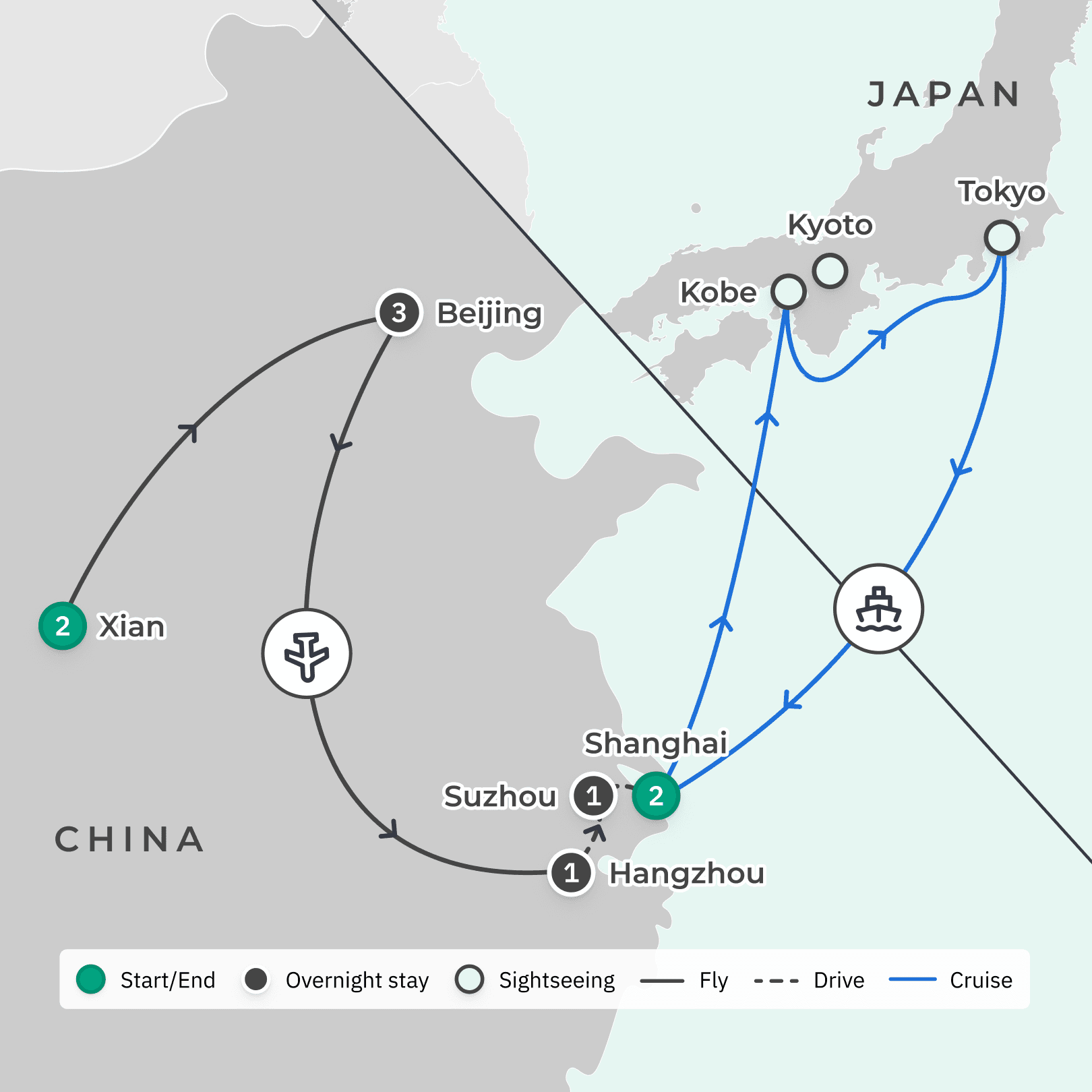 China & Japan 2024: 17-Day Tour & Royal Caribbean Cruise Combo with Xi'an Warriors Visit & Great Wall route map