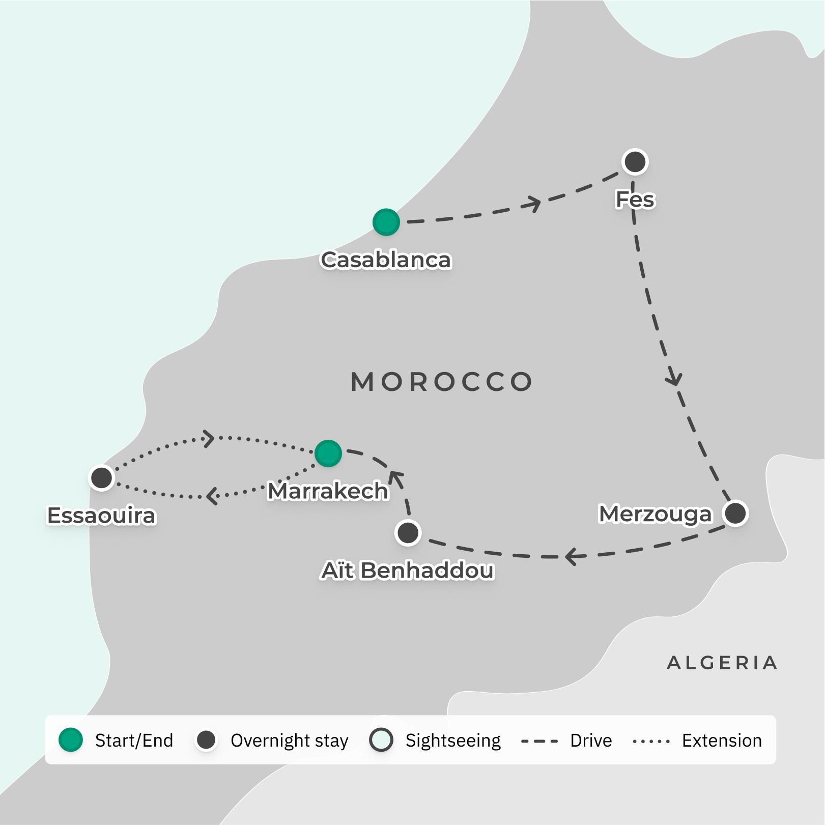 Morocco Luxury Small-Group Tour with Desert Glamping & Five-Star Stays, Camel Ride, 4WD Safari & Dinner Under the Stars route map