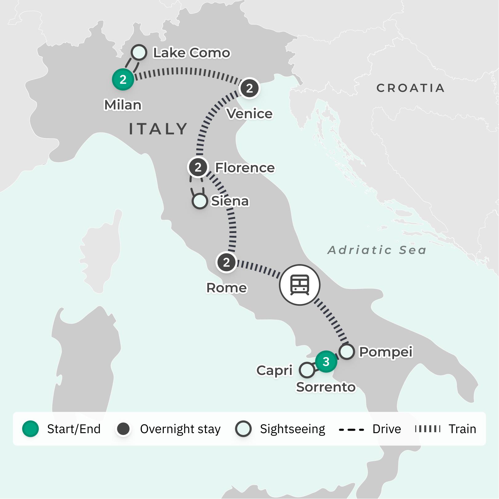Italy Discovery by First-Class Rail with Historic City Tours, Capri Visit & Lake Como Cruise route map